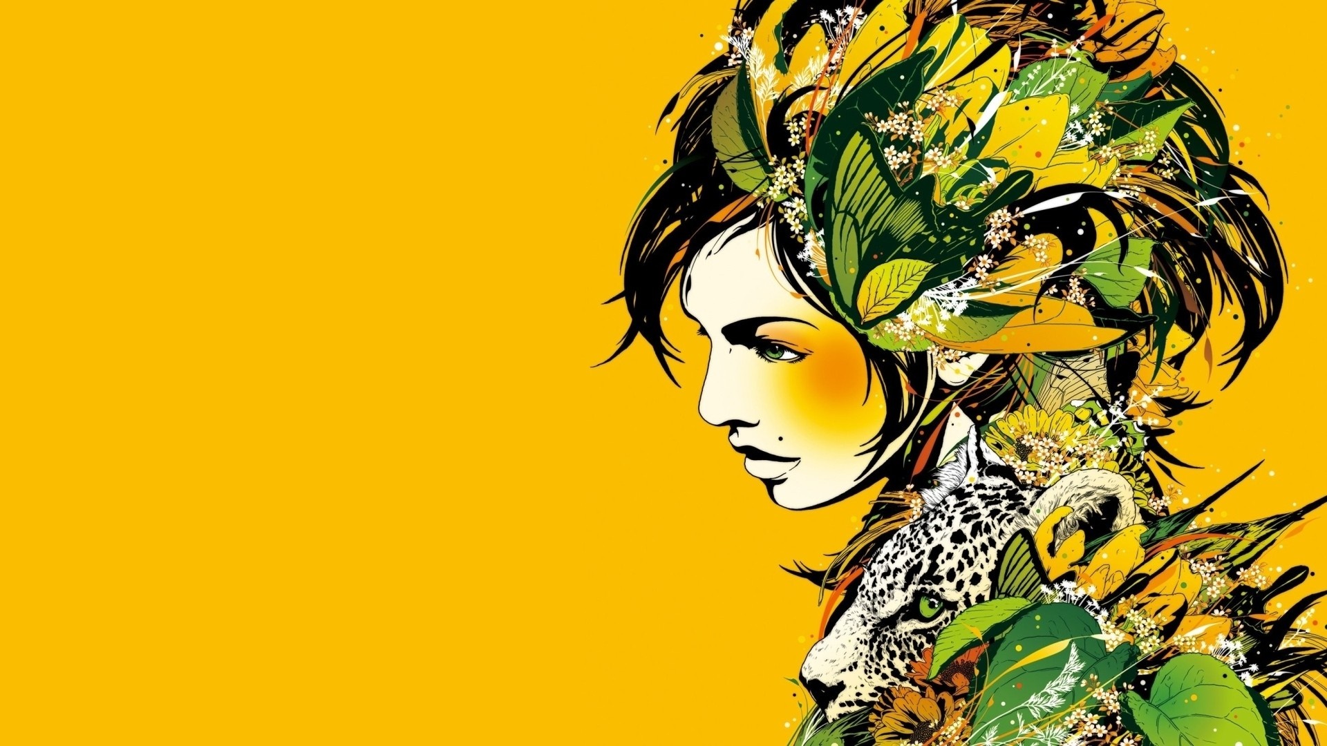 Illustration of a woman with a leopard and foliage HD Wallpaper