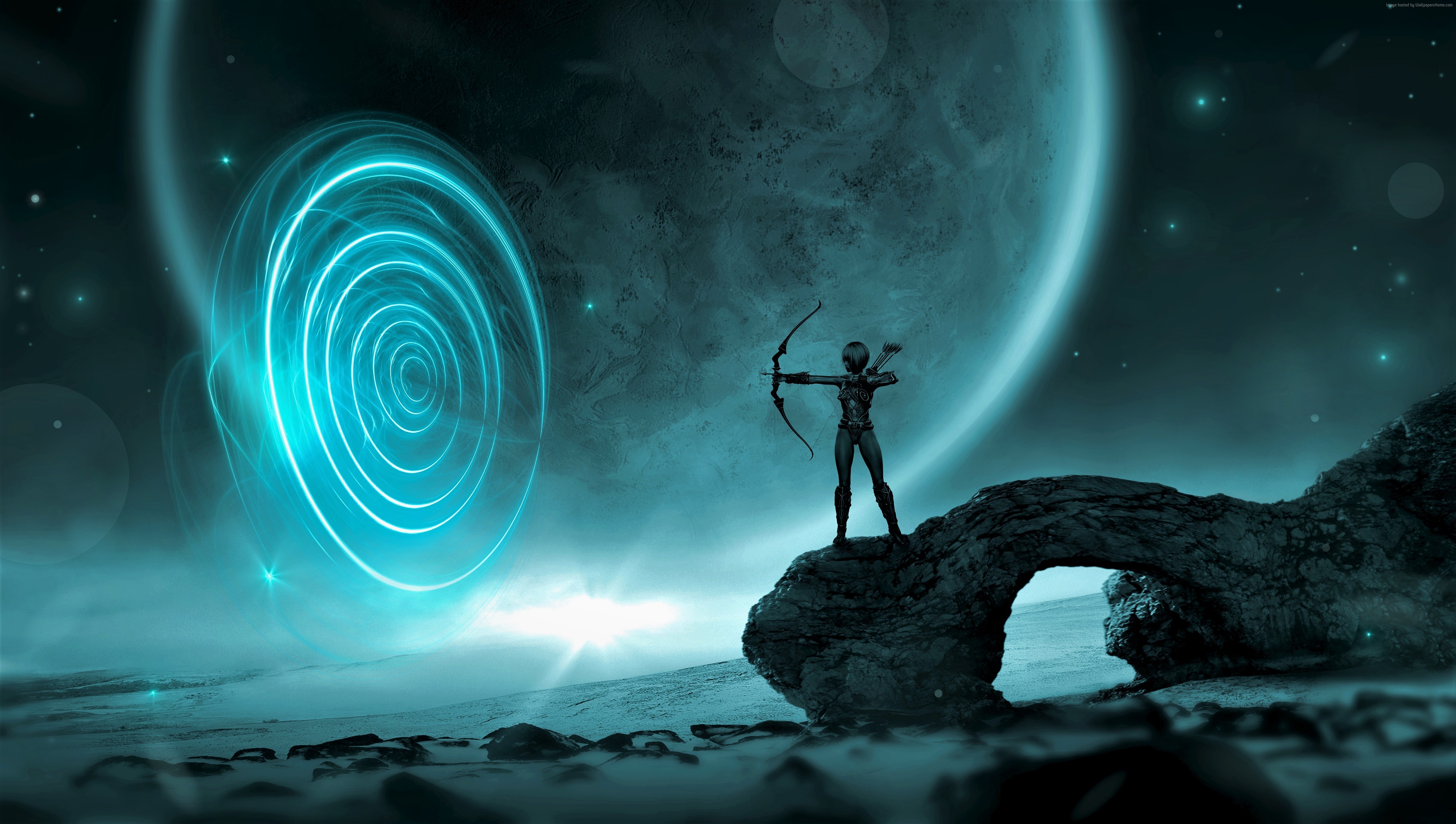 Alien Archer aims bow near glowing portal on alien planet HD Wallpaper