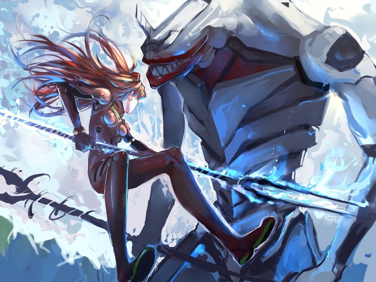Asuka Langley Soryu from Neon Genesis Evangelion with a mecha HD Wallpaper