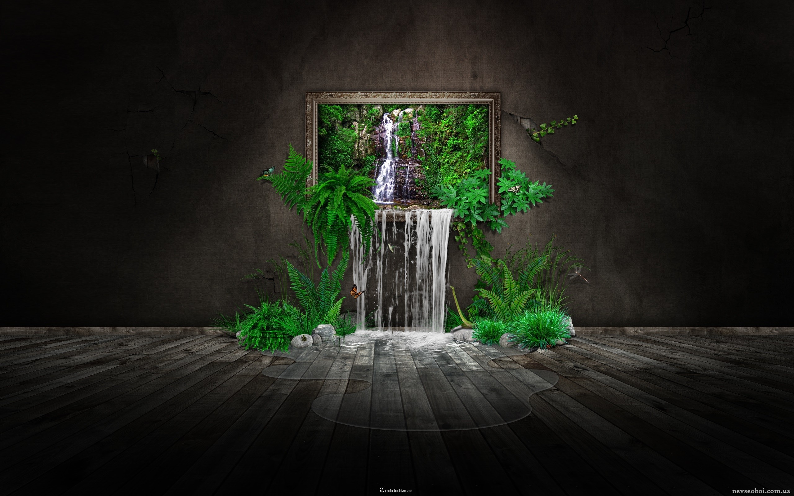 Digital art waterfall in a frame HD Wallpaper
