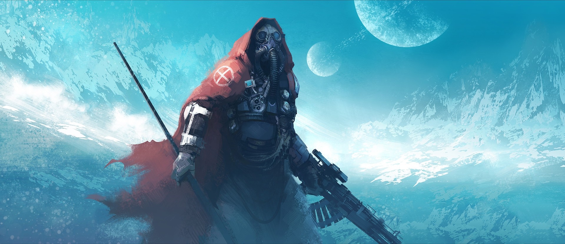 Concept art of a figure with a gas mask and rifle HD Wallpaper