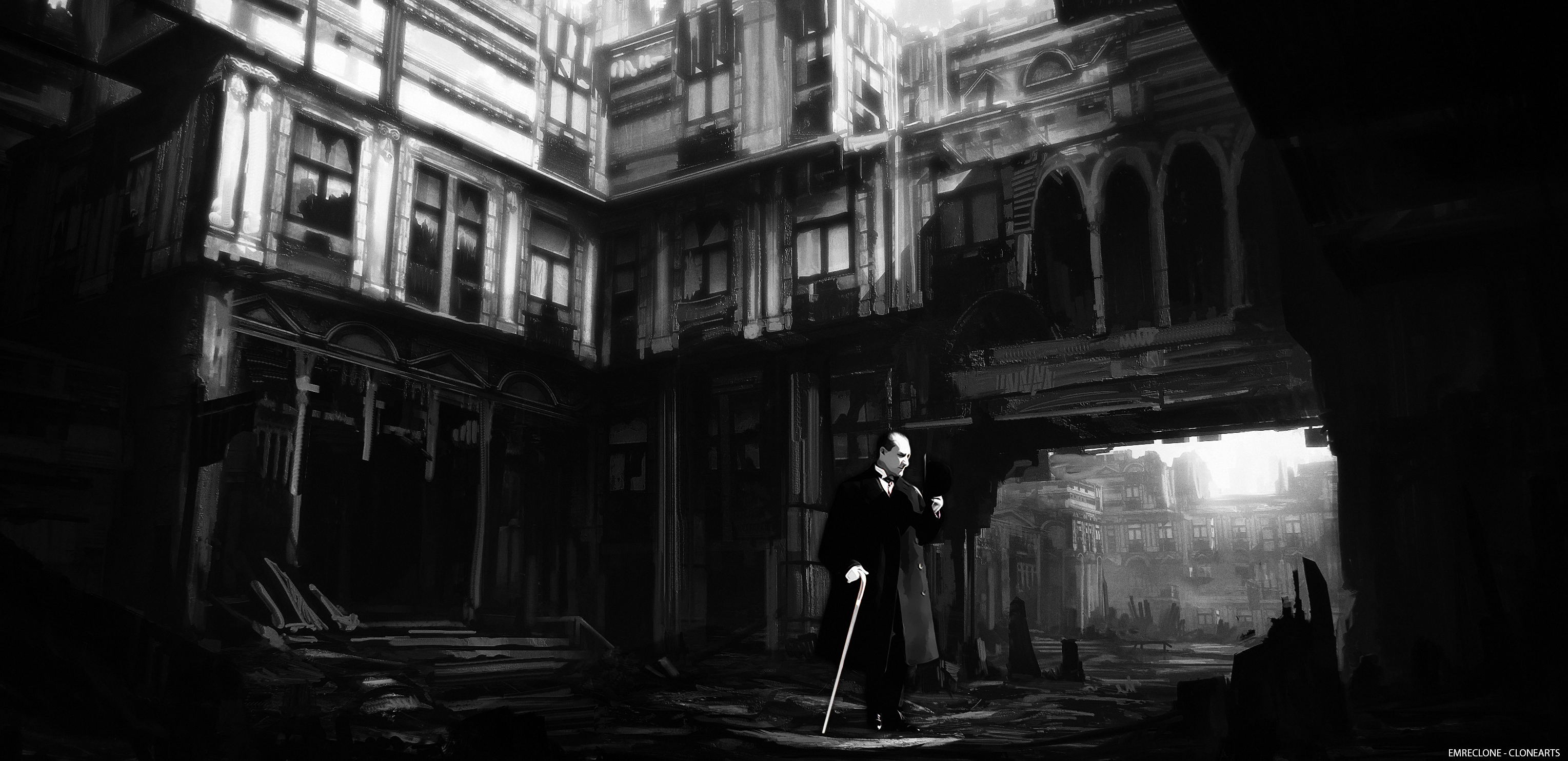 Man with cane in a ruined city HD Wallpaper