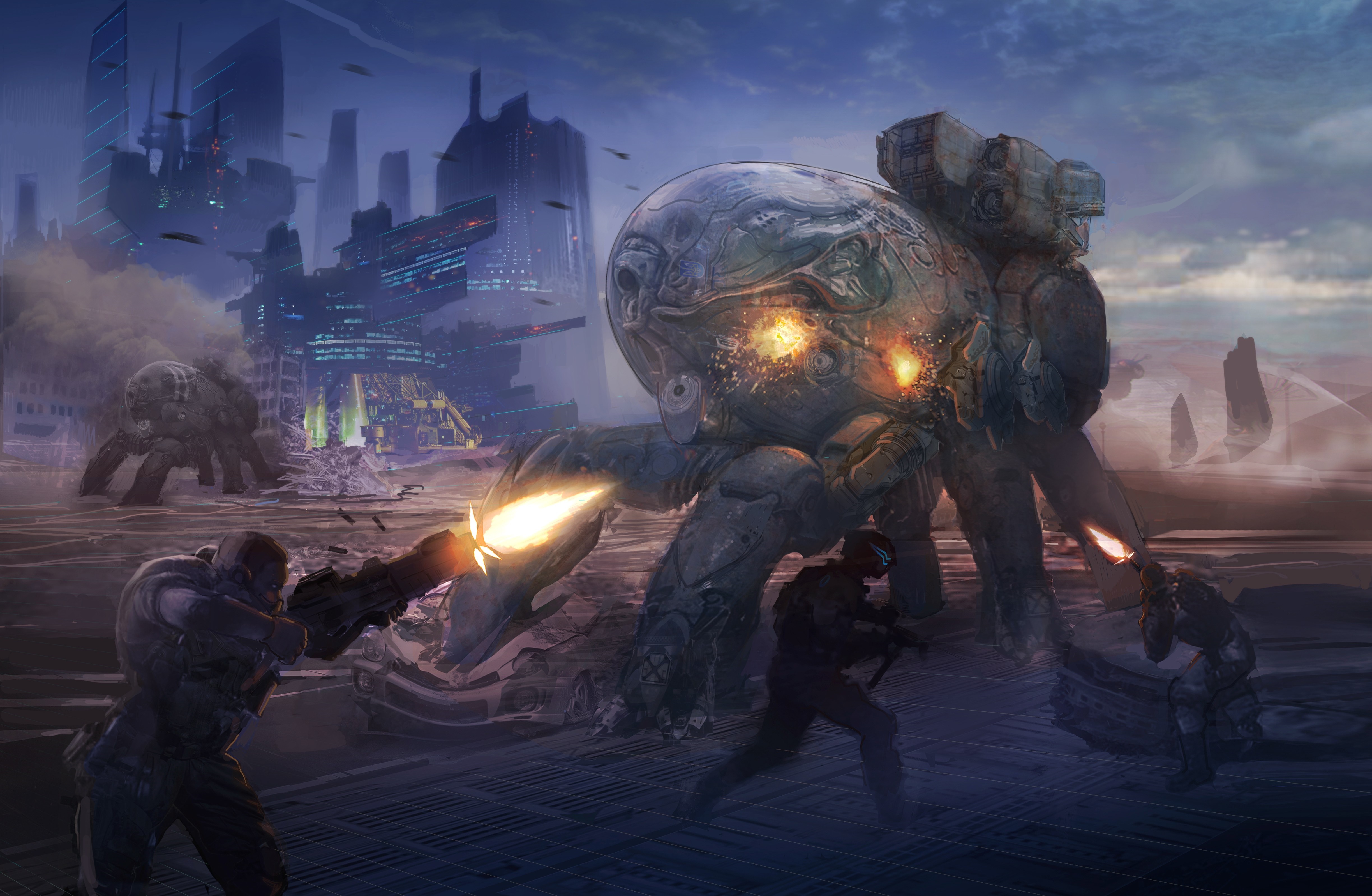 Futuristic battle between soldiers and giant mechs HD Wallpaper
