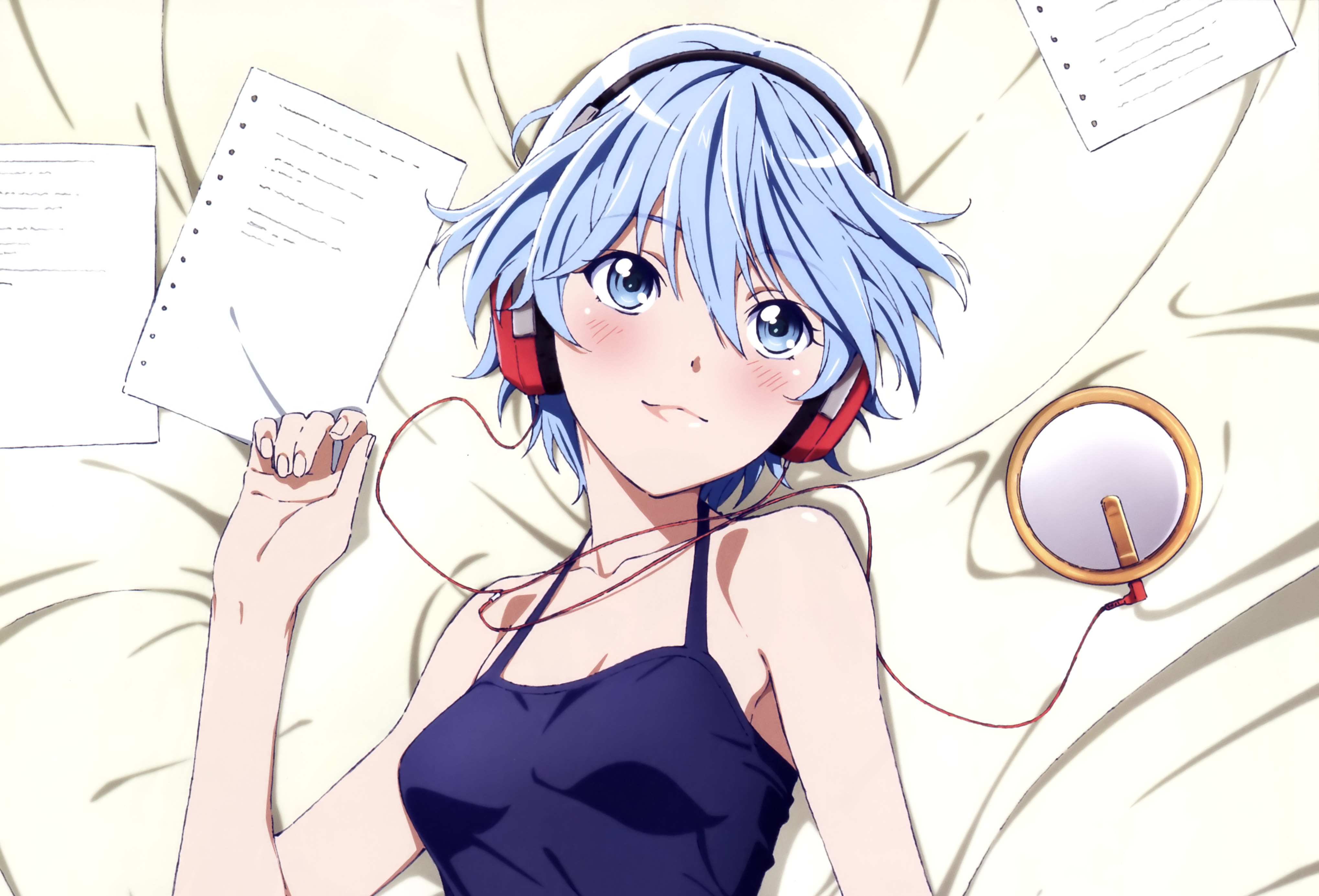 Fuuka Akitsuki with headphones and papers HD Wallpaper