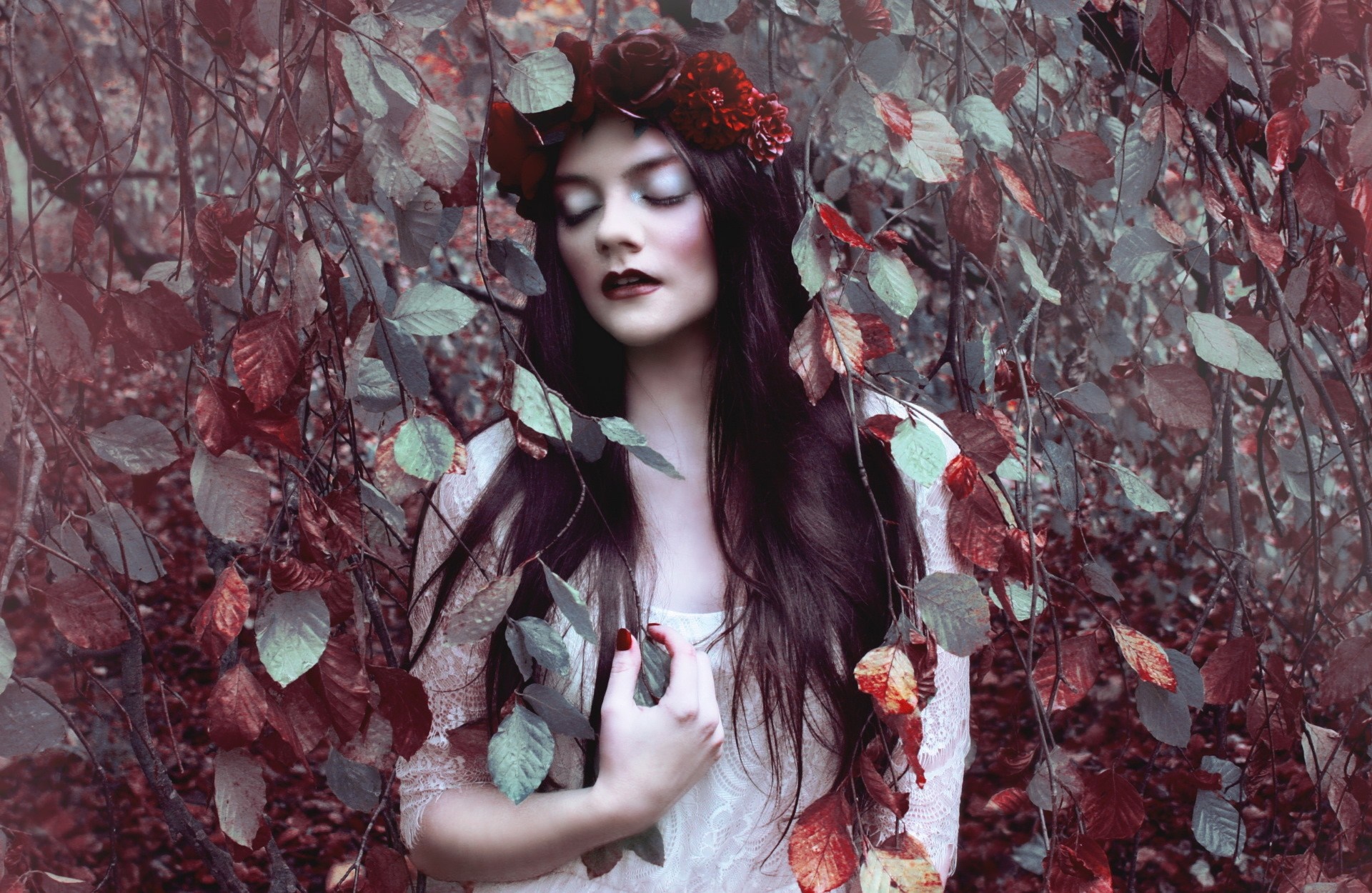 Woman with flower crown in autumn forest HD Wallpaper