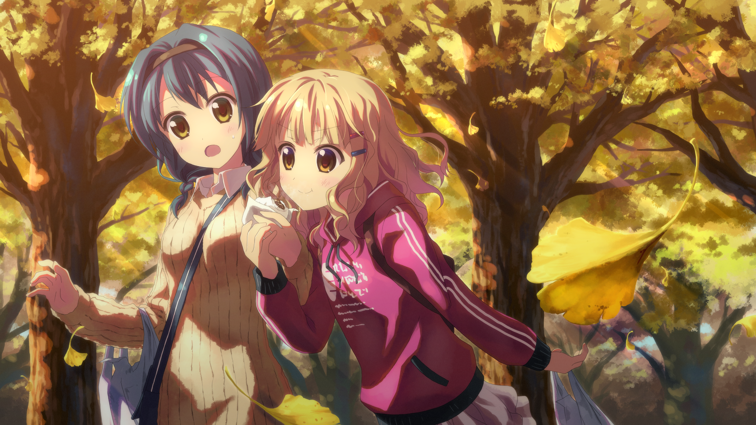 Furutani Himawari and Oomuro Sakurako from Yuru Yuri in autumn HD Wallpaper