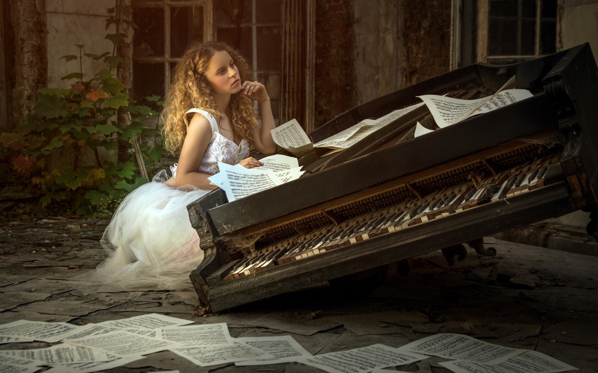 Woman in white dress with broken piano and sheet music HD Wallpaper