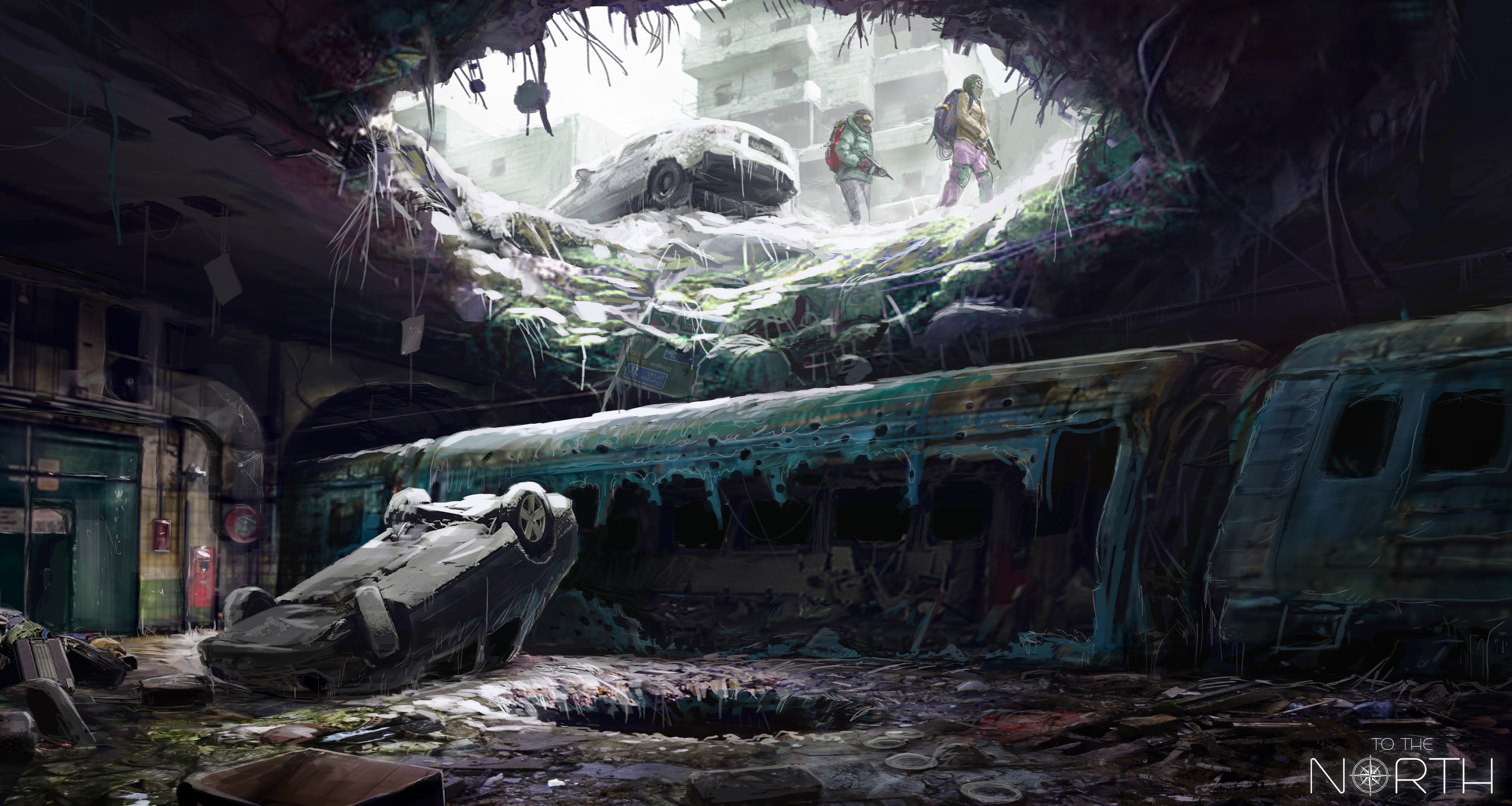 Post-apocalyptic scene with survivors and ruined vehicles HD Wallpaper