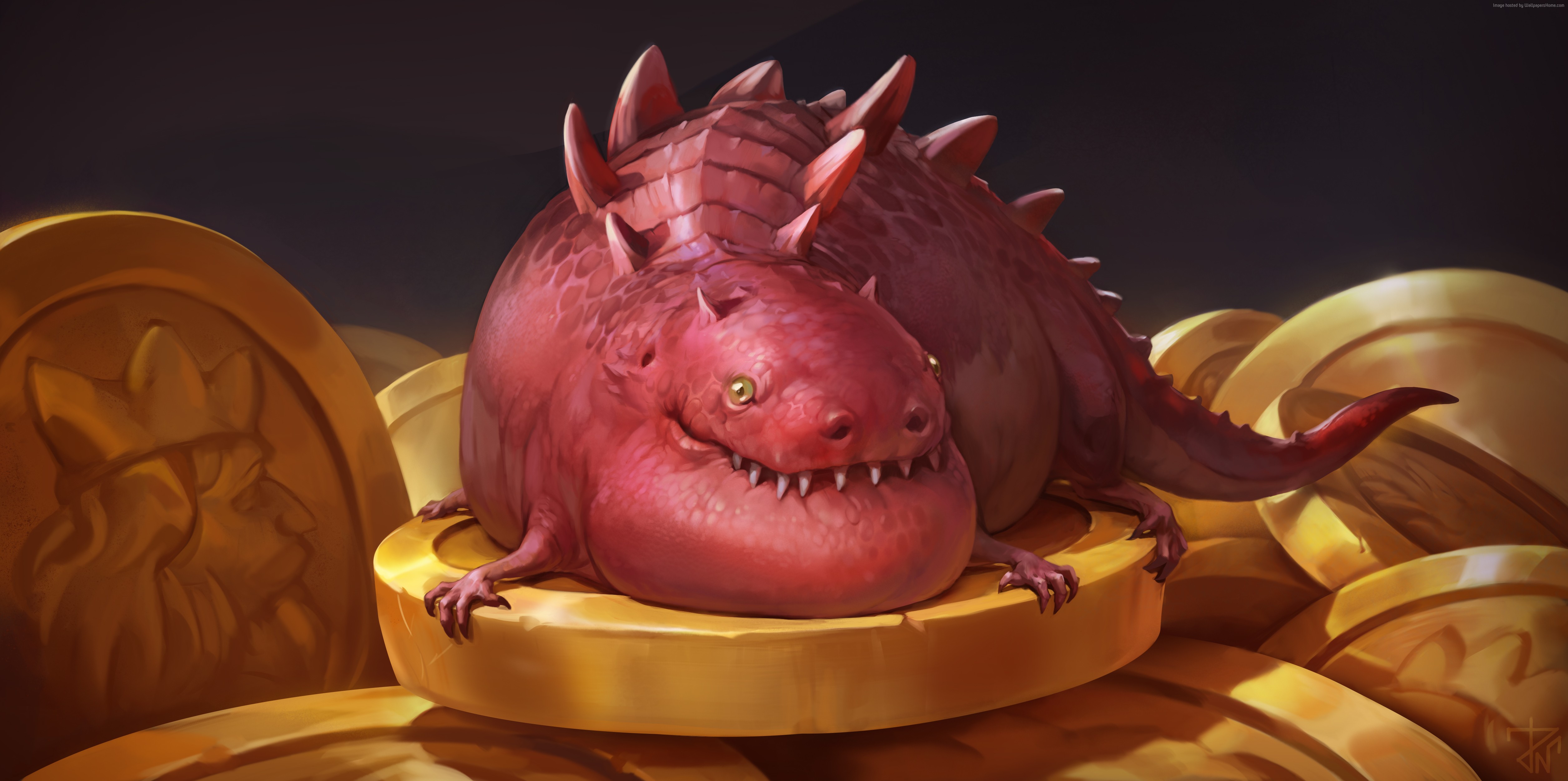 Red dragon sitting on gold coins HD Wallpaper