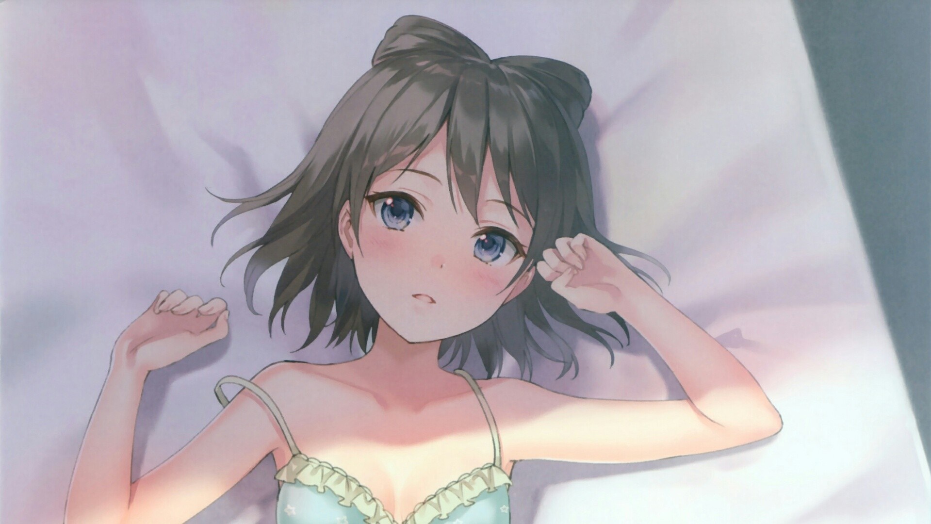 Anime girl with brown hair lying on a bed HD Wallpaper