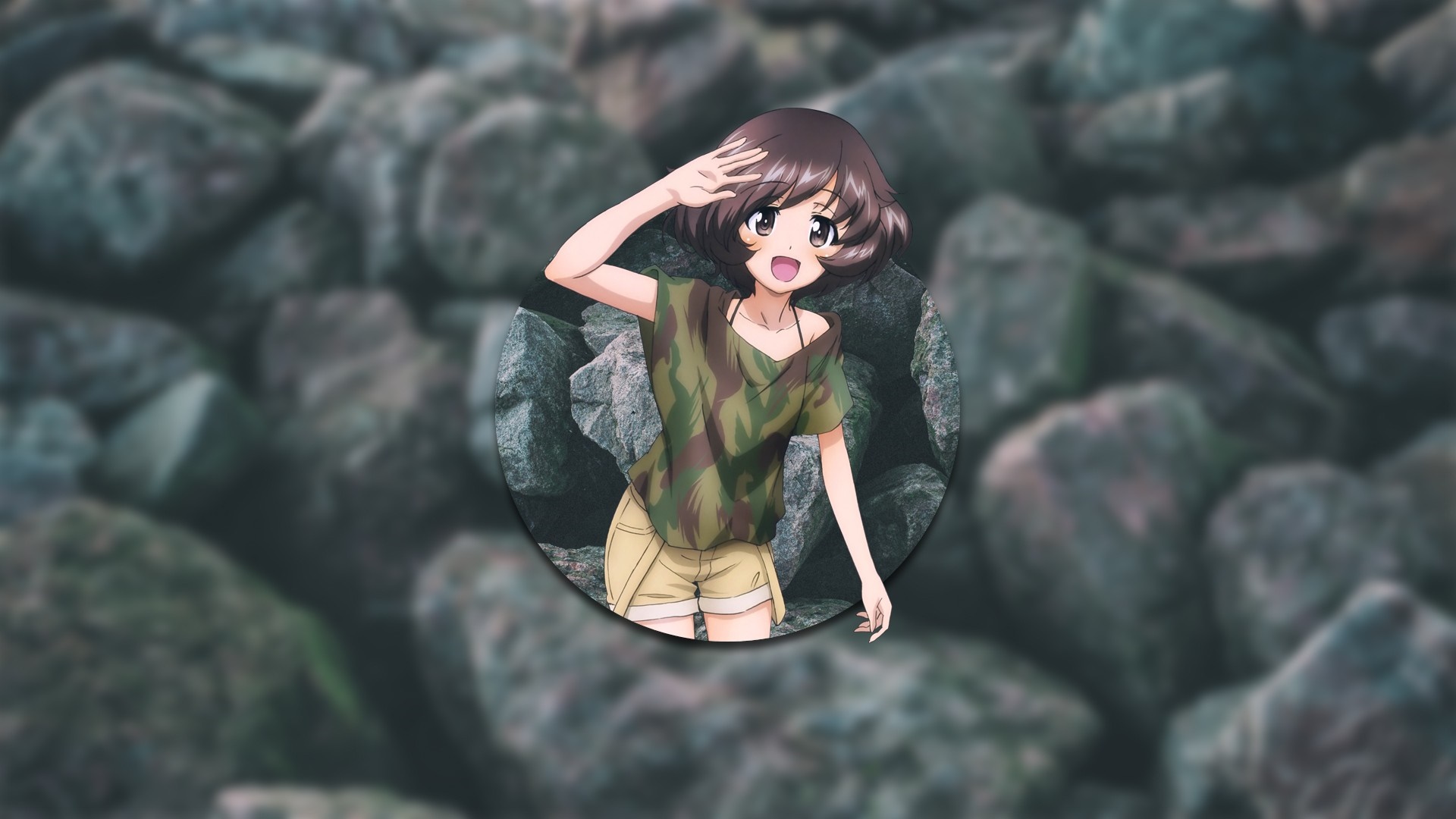 Anime girl in camouflage shirt and shorts HD Wallpaper