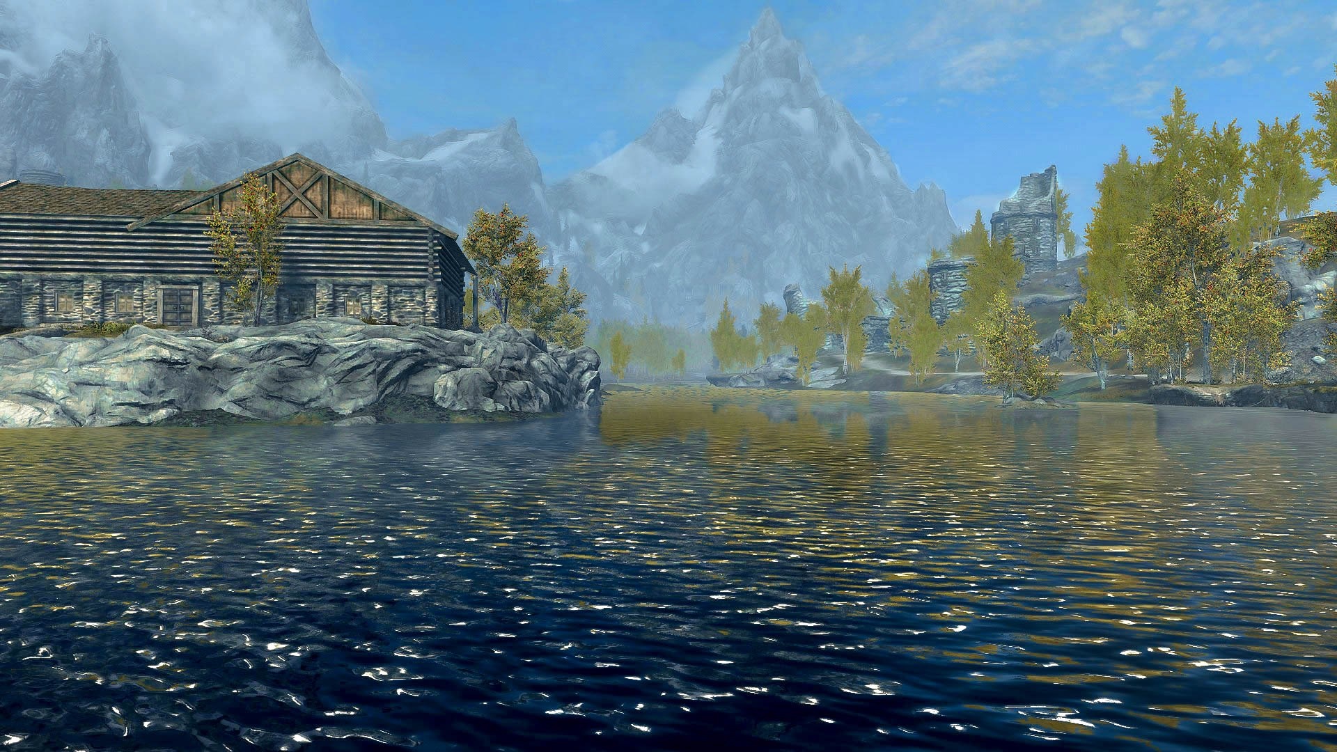 Log cabin by a lake with mountains in Skyrim HD Wallpaper