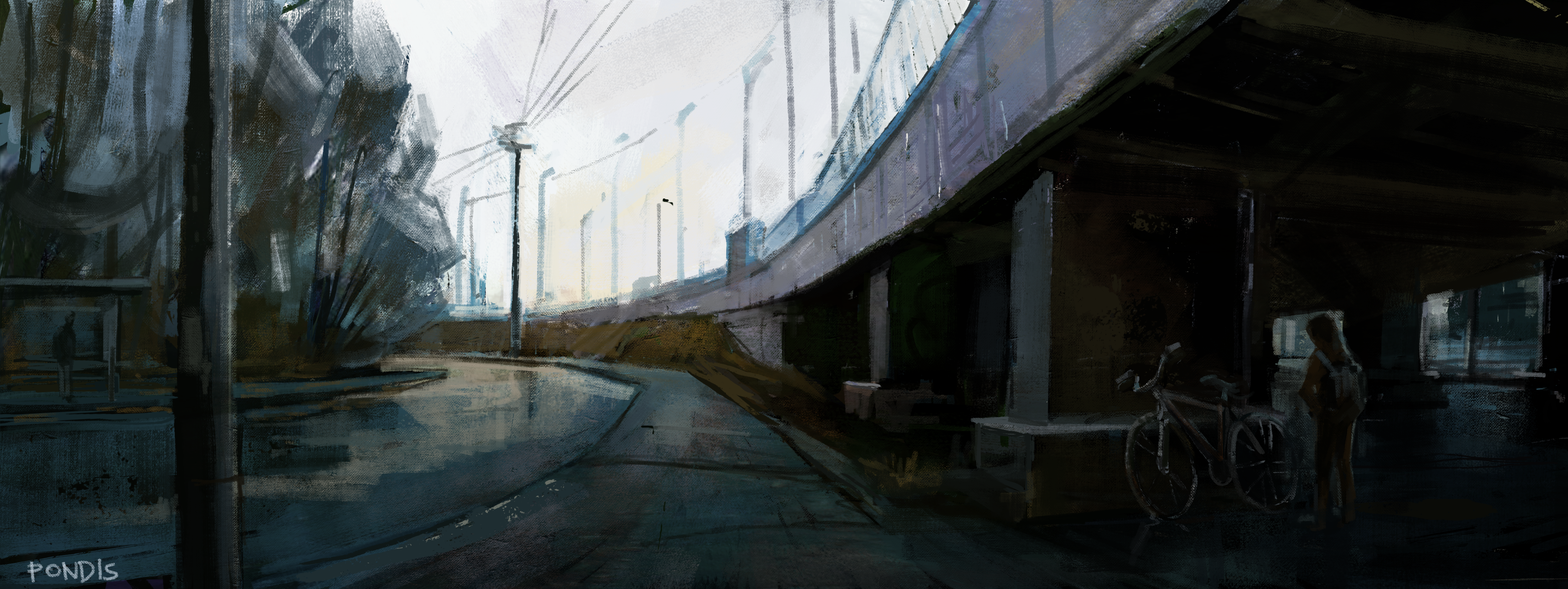 Painting of a street under an overpass with a person and bicycle HD Wallpaper
