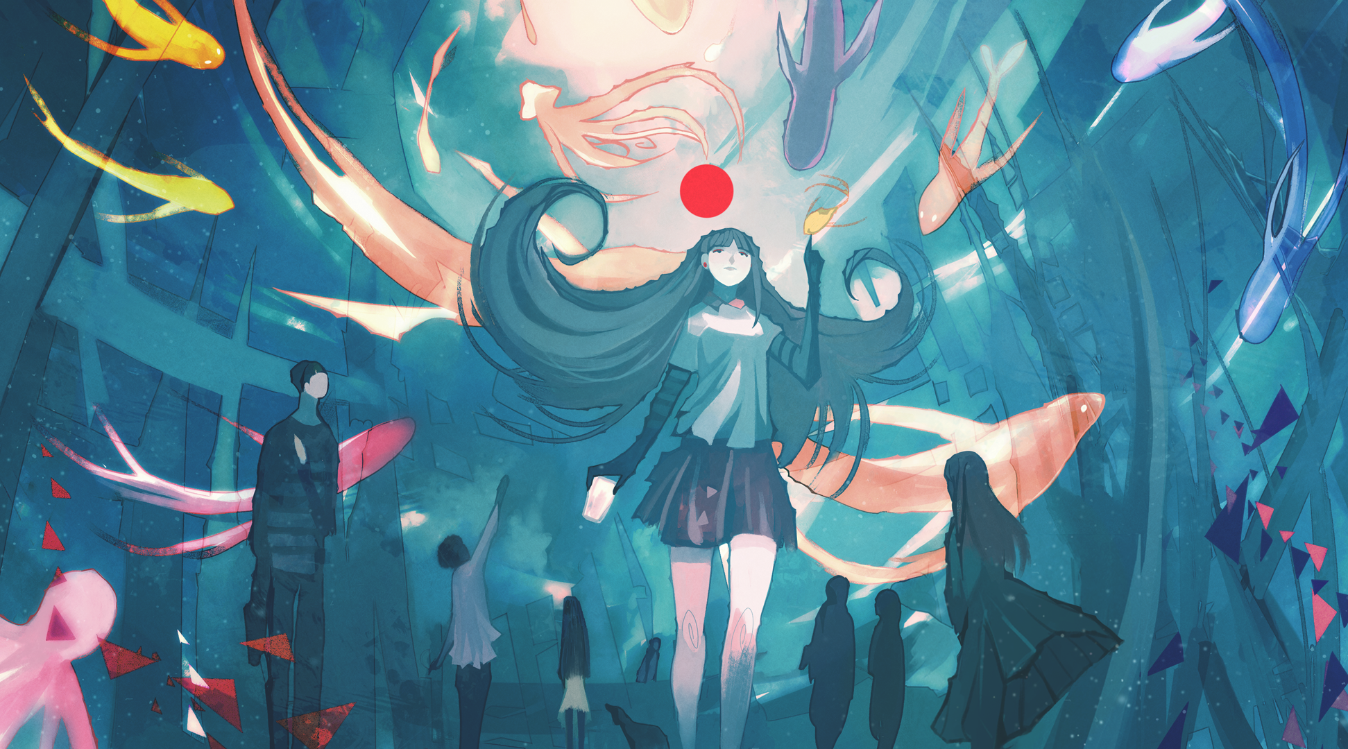Anime illustration of a girl with long hair and fish HD Wallpaper