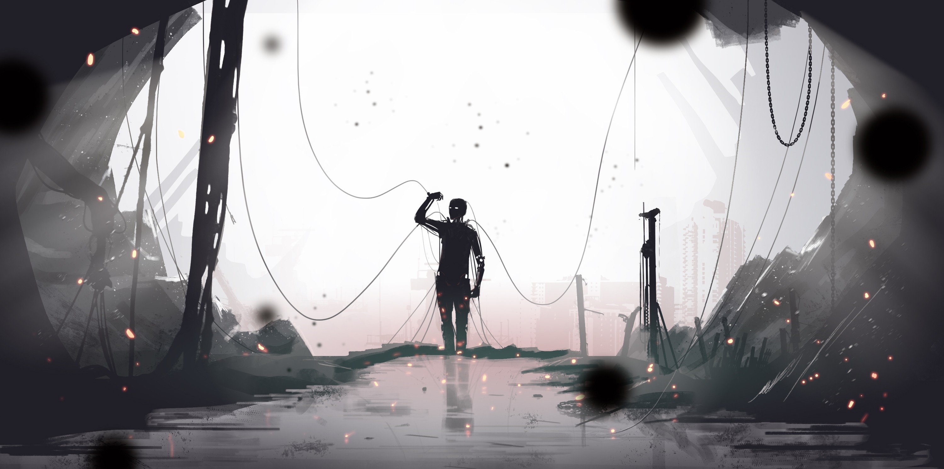 Silhouette of a robot connected by wires in a desolate landscape HD Wallpaper