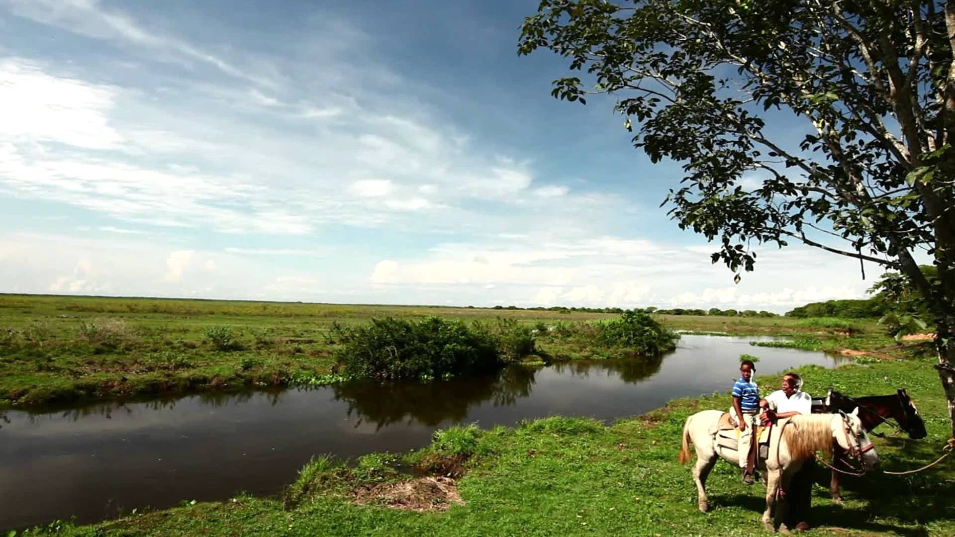 People on horses by a river in a grassy landscape HD Wallpaper