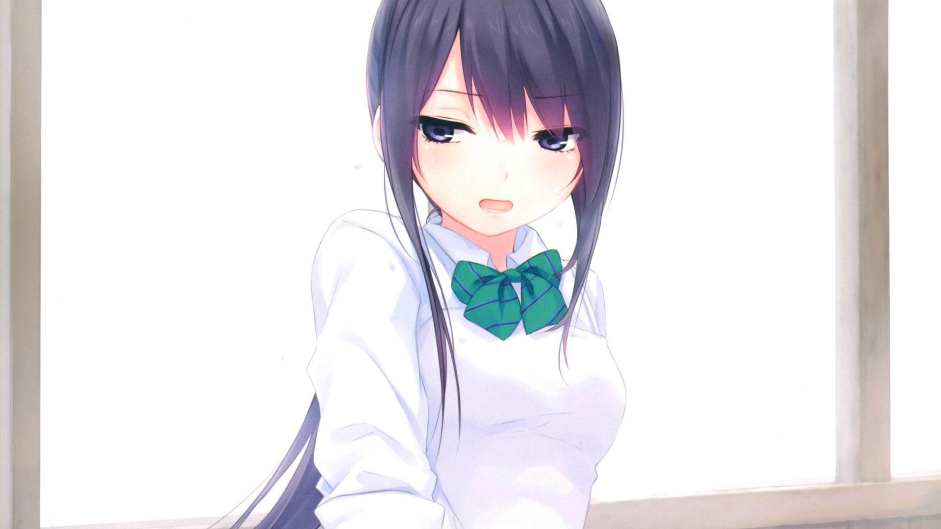 Anime girl with black hair and green bow HD Wallpaper