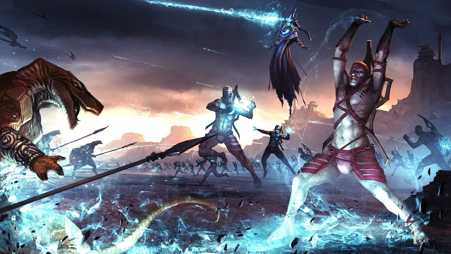 Fantasy battle with warriors and creatures HD Wallpaper