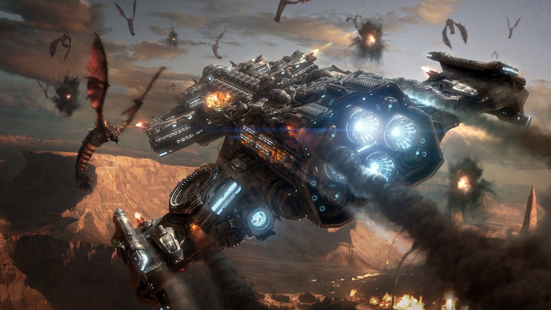 StarCraft II battle with dragons and spaceships HD Wallpaper