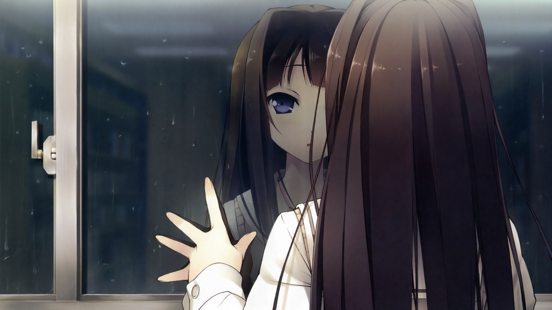 Anime girl looking in a rainy window HD Wallpaper