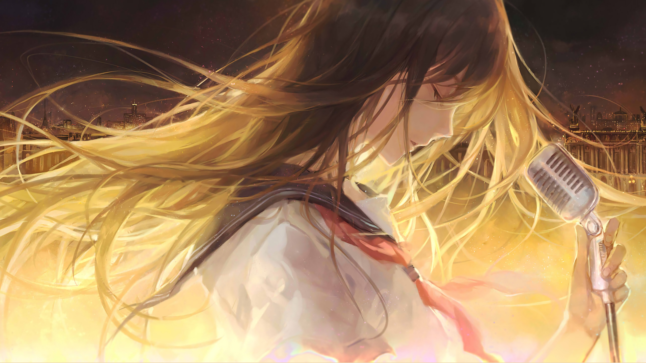 Anime girl singing into a vintage microphone HD Wallpaper