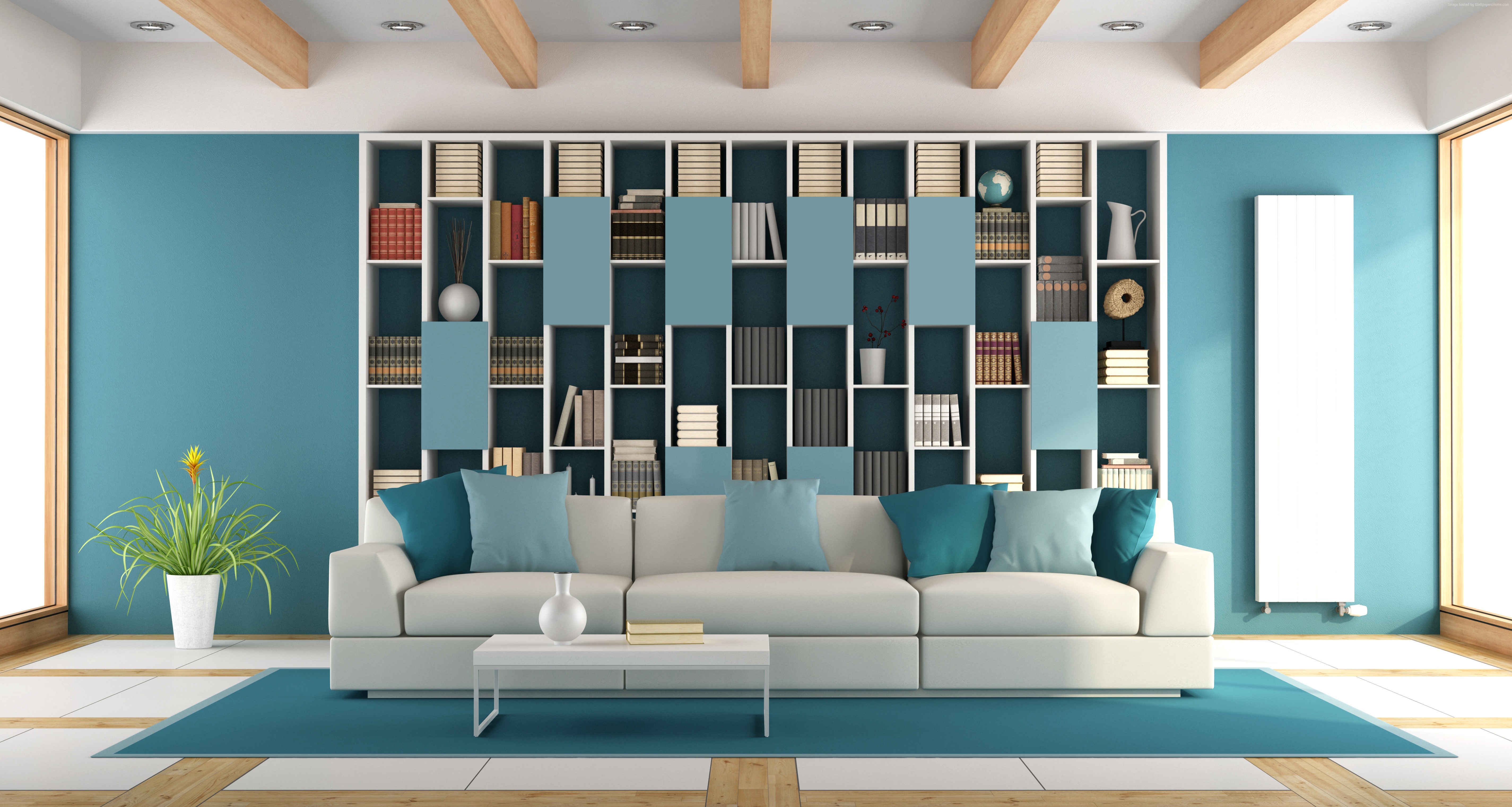 Modern living room with blue walls and white bookshelf HD Wallpaper