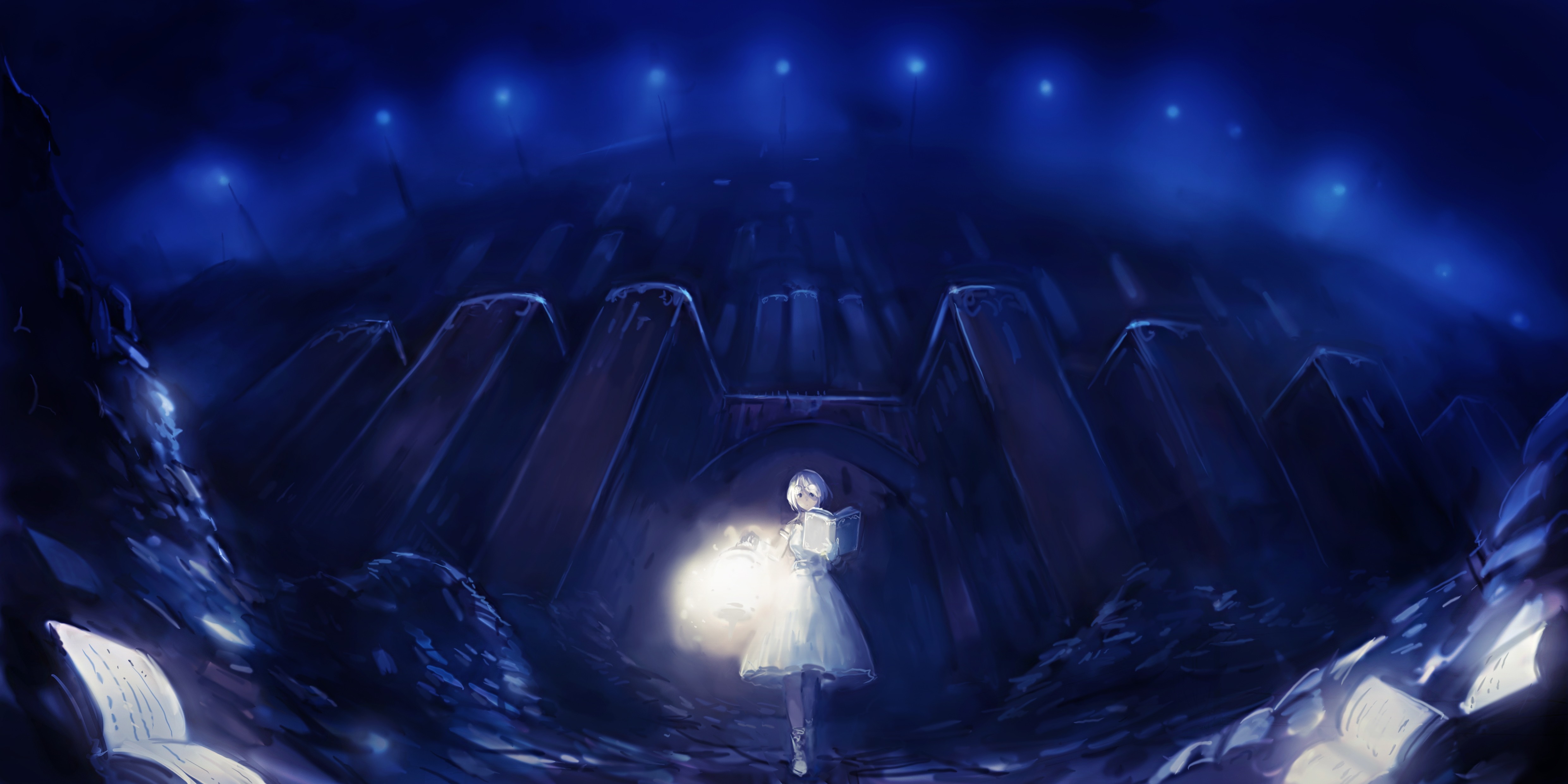 Anime girl with lantern in a dark library HD Wallpaper