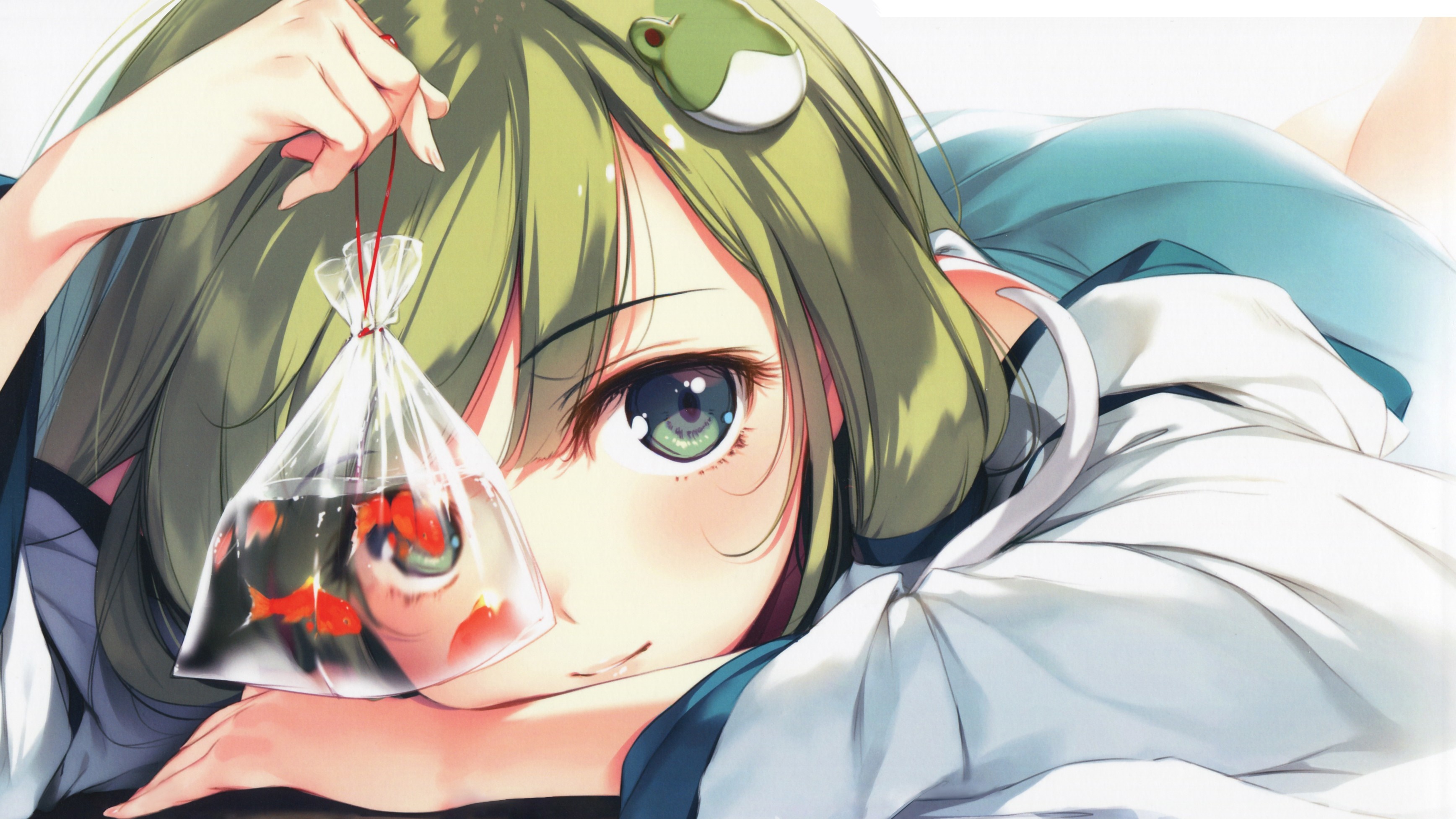Anime girl with goldfish bag and frog hair clip HD Wallpaper