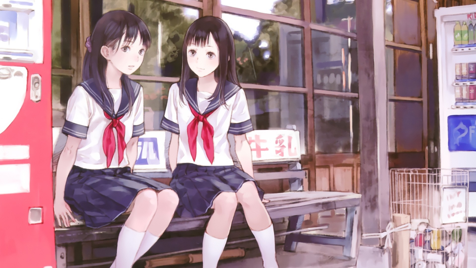 Two anime schoolgirls sitting on a bench HD Wallpaper