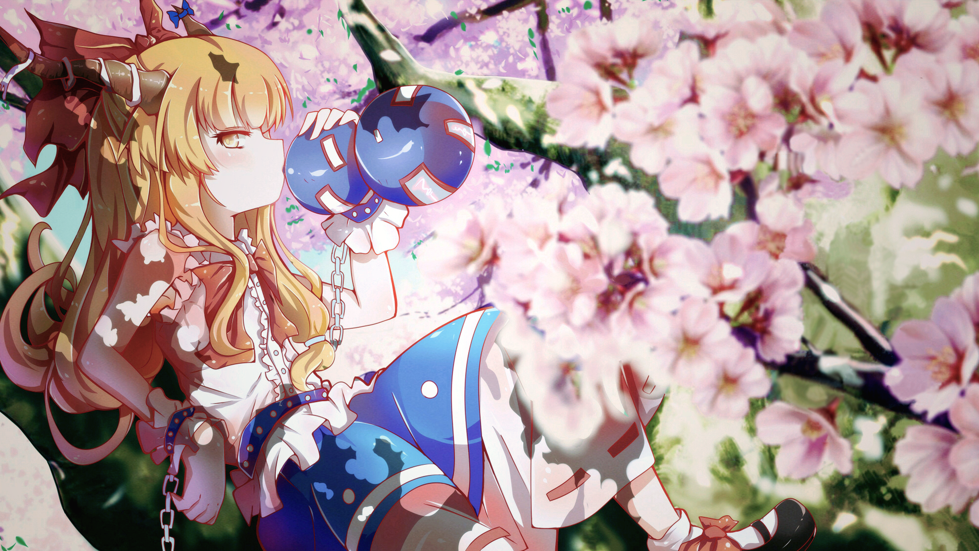 Anime girl with horns and blue orbs in cherry blossoms HD Wallpaper