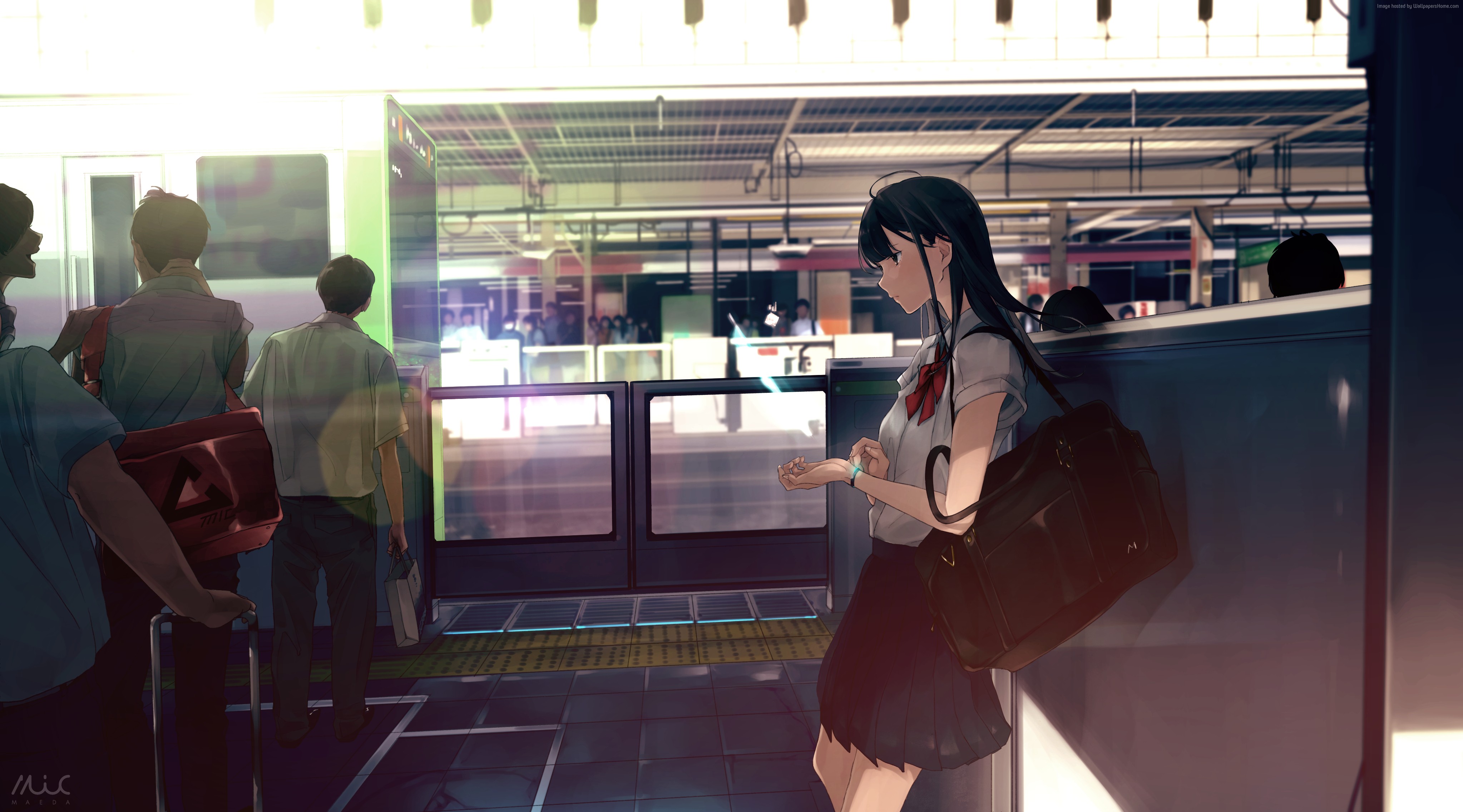 Anime girl at train station 4K HD Wallpaper