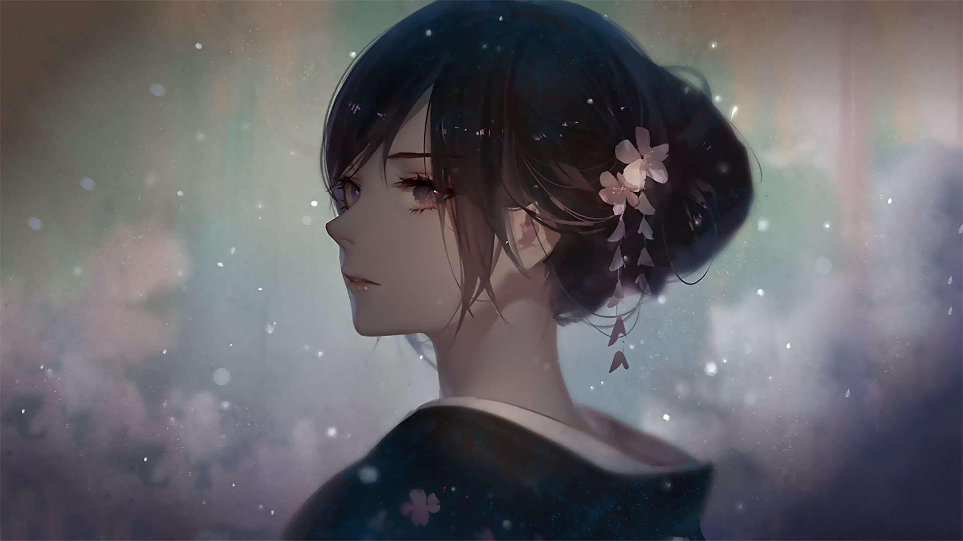 Anime girl in kimono with flowers HD Wallpaper