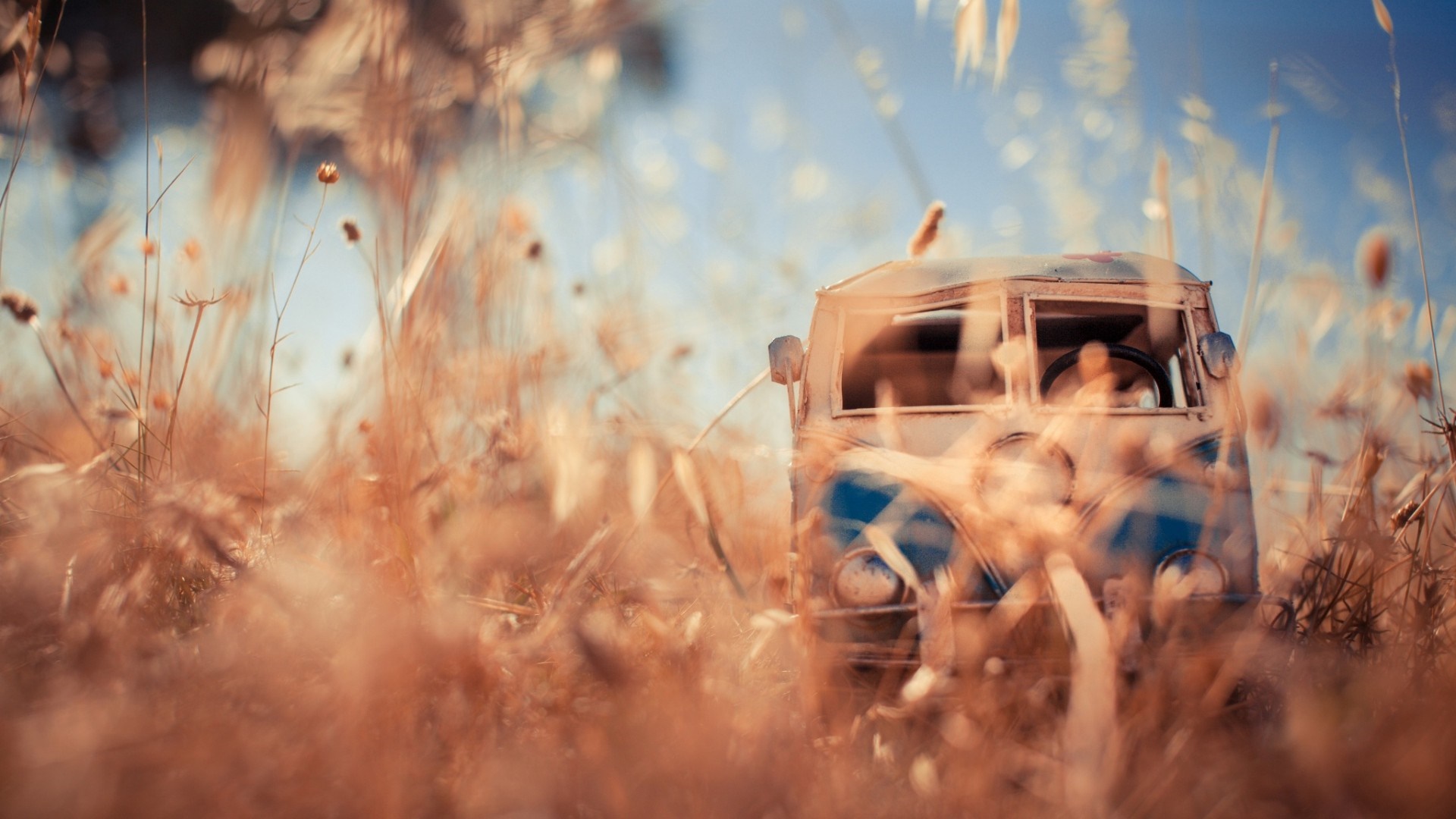 Toy VW Kombi in tall grass HD Wallpaper