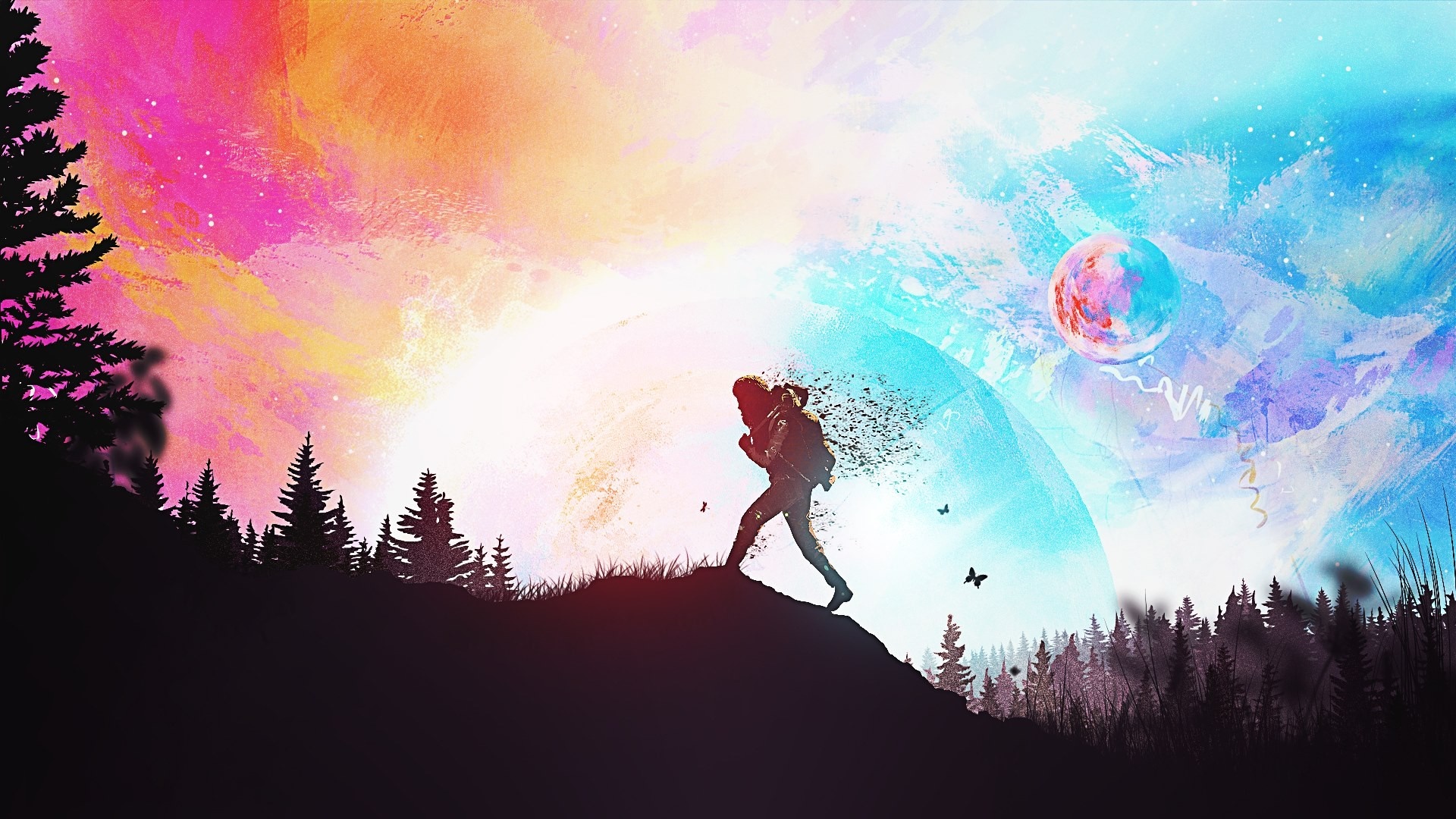 Silhouette of a person dissolving into particles on a hill HD Wallpaper