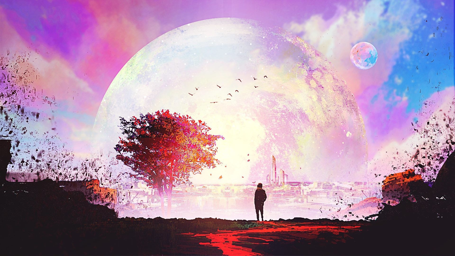 Fantasy art of a person looking at a large planet and a tree HD Wallpaper