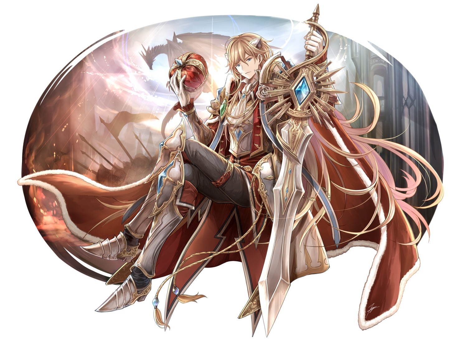 Man in armor holding a crown and sword with dragon in background HD Wallpaper