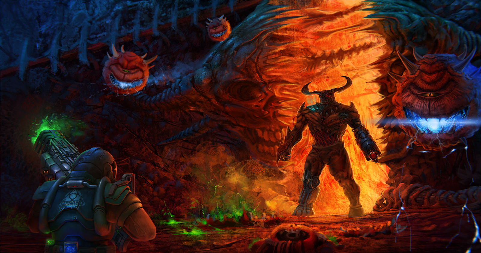 Doom game screenshot with demons and player character HD Wallpaper