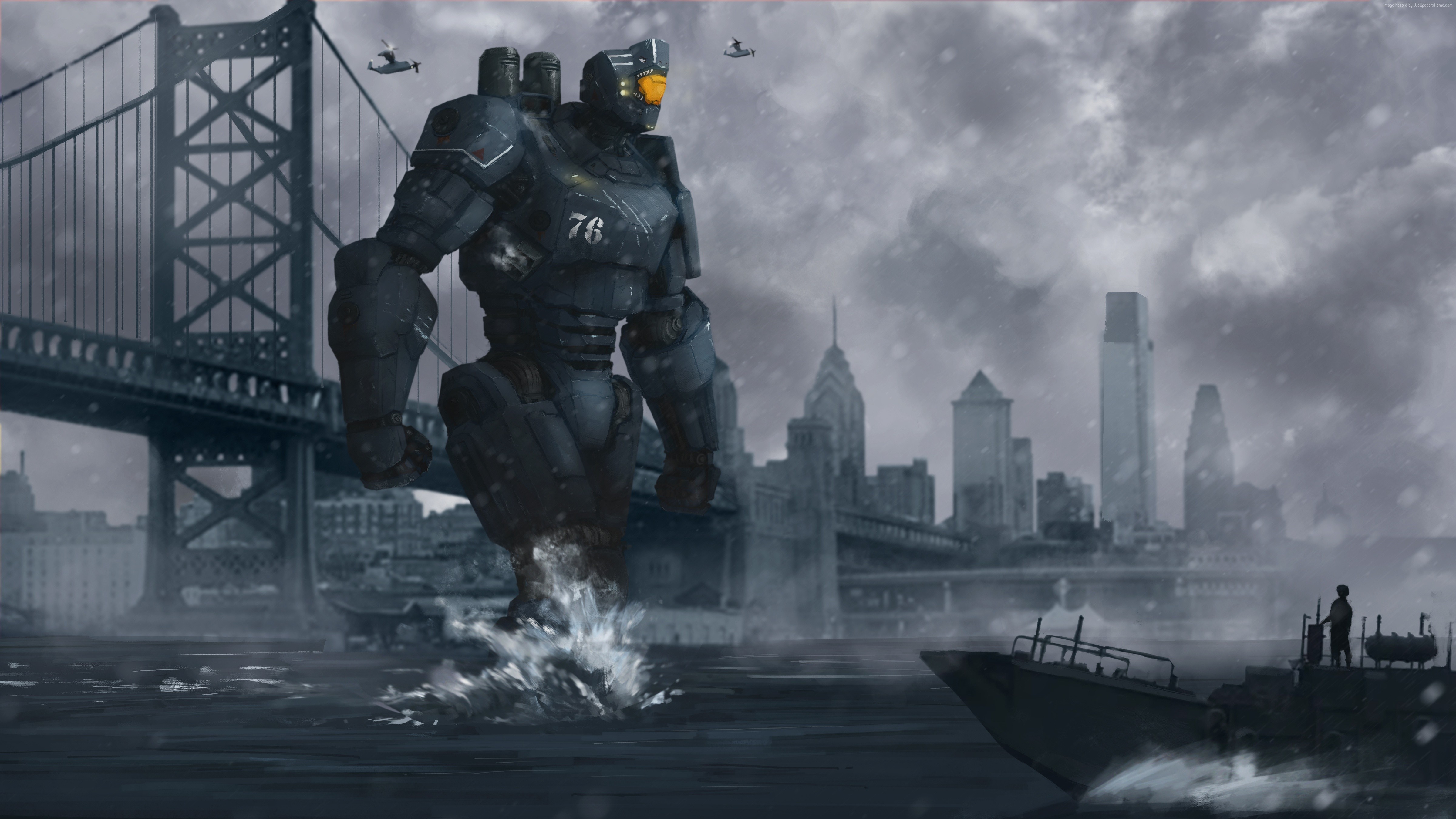 Giant Robot in Futuristic City HD Wallpaper