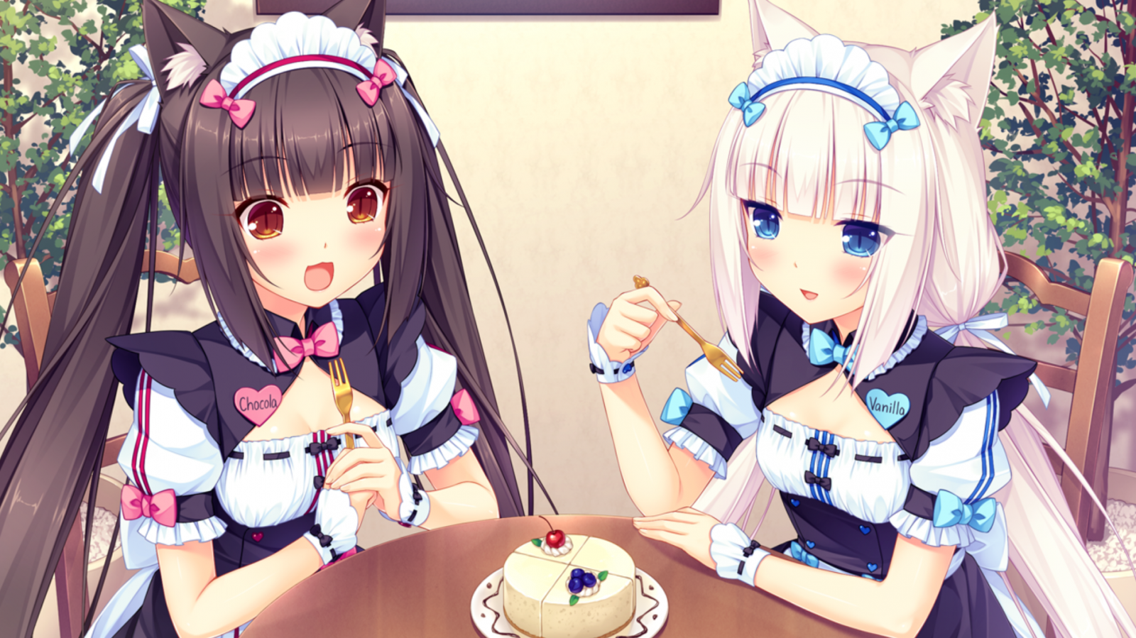 Chocolat and Vanilla from Neko Para eating cake HD Wallpaper