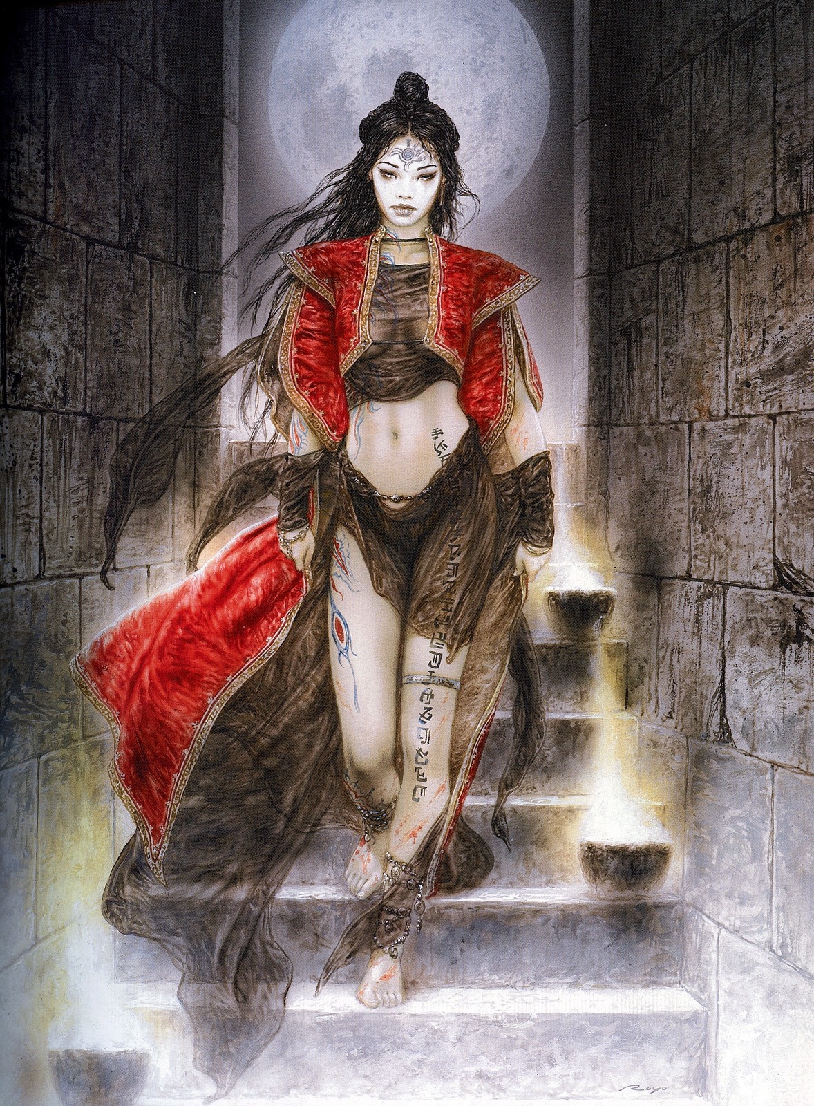 Woman in red and black attire on stairs under moon HD Wallpaper