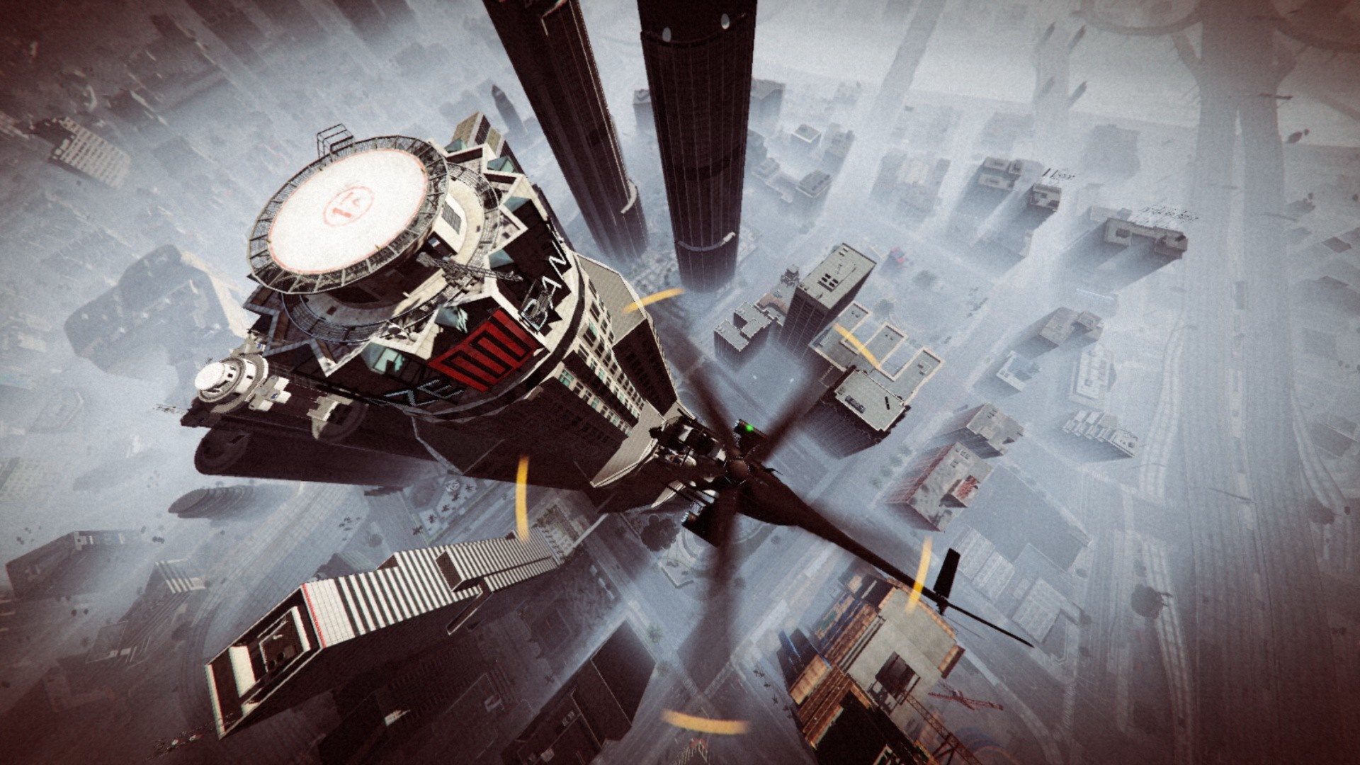 Helicopter flying over a foggy cityscape with skyscrapers HD Wallpaper