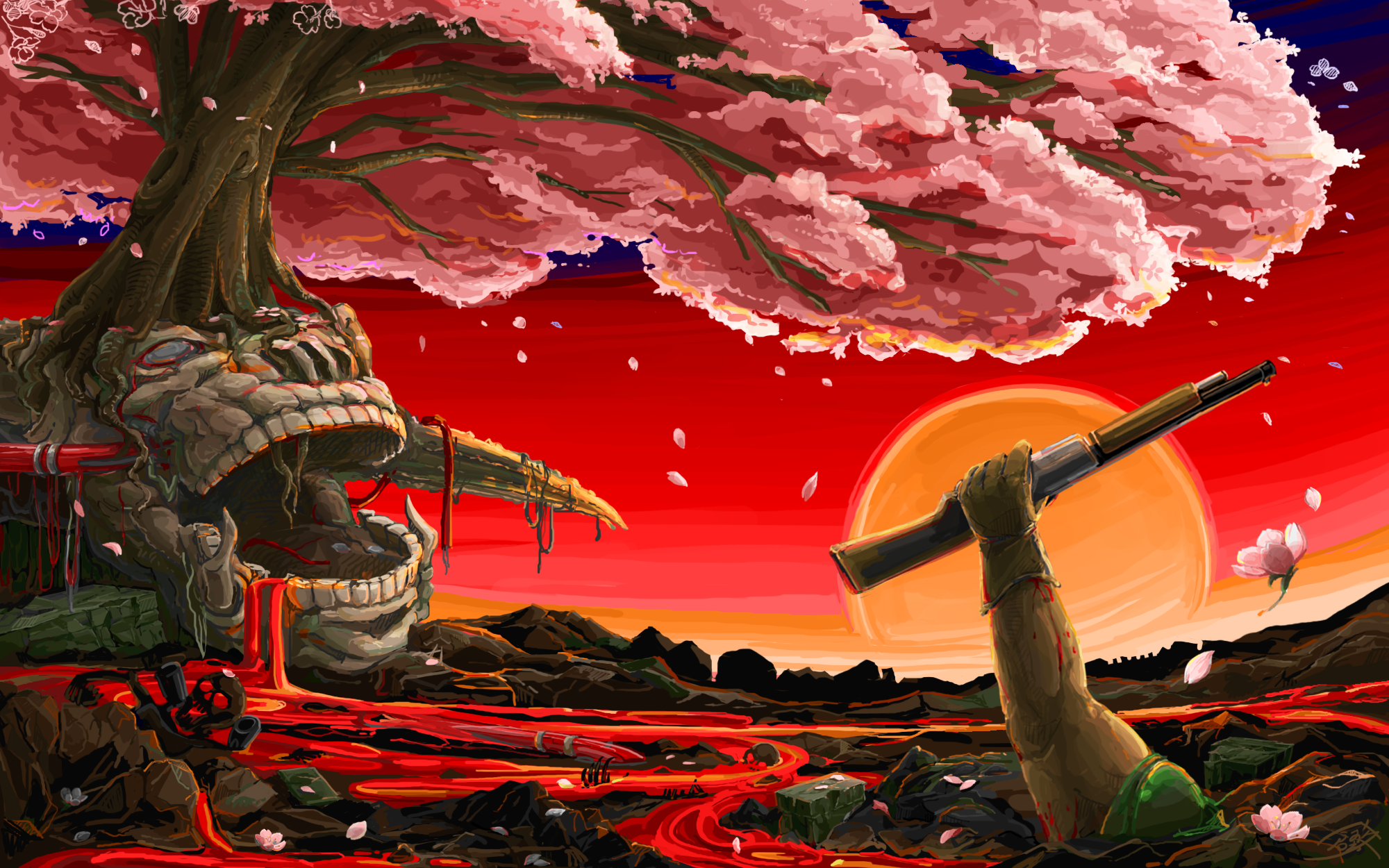 Doom game scene with cherry blossoms and lava HD Wallpaper