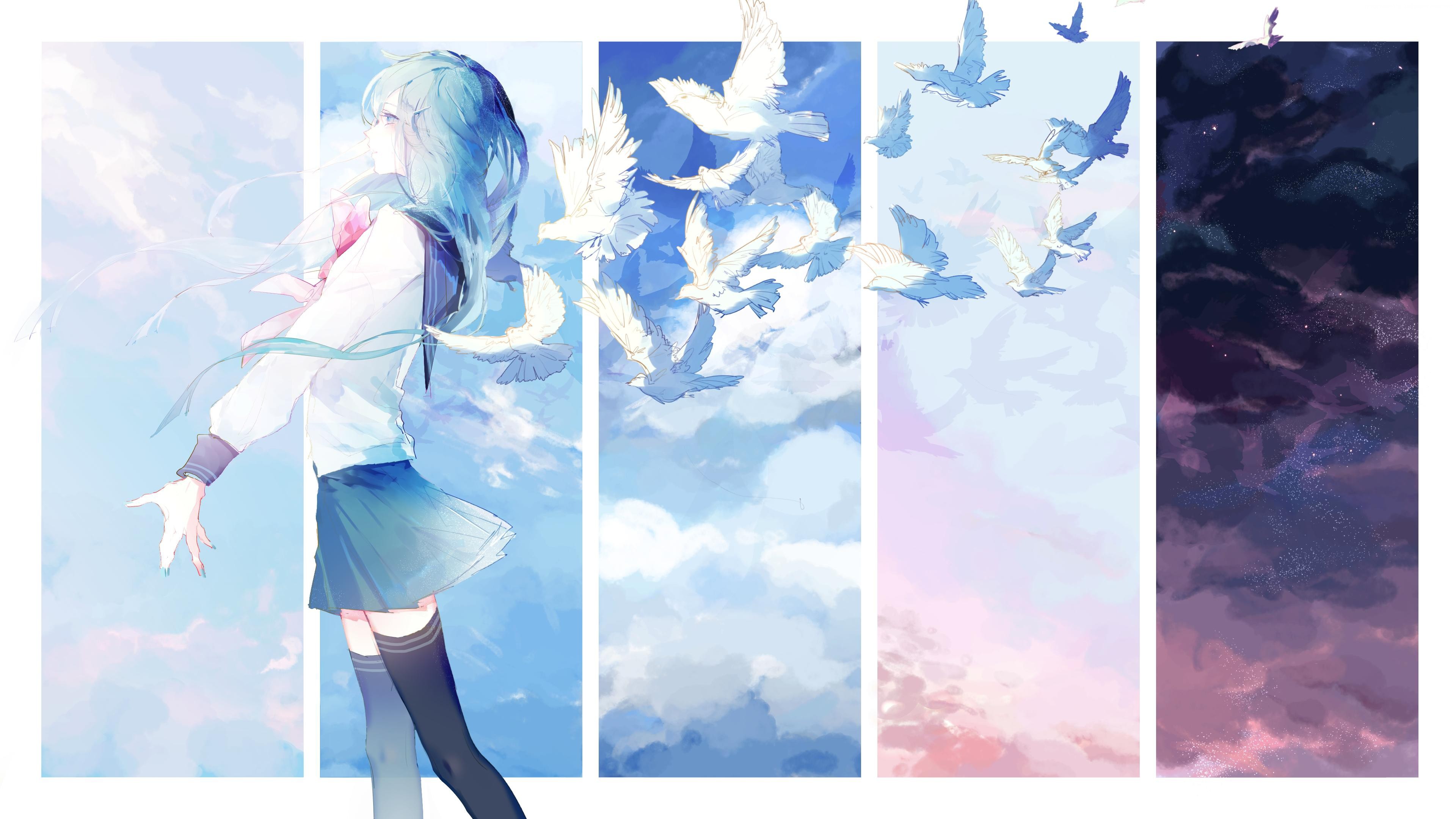Anime girl with blue hair releasing white birds into the sky HD Wallpaper