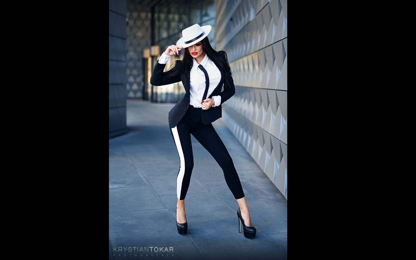 Woman in a suit and hat by Krystian Tokar HD Wallpaper