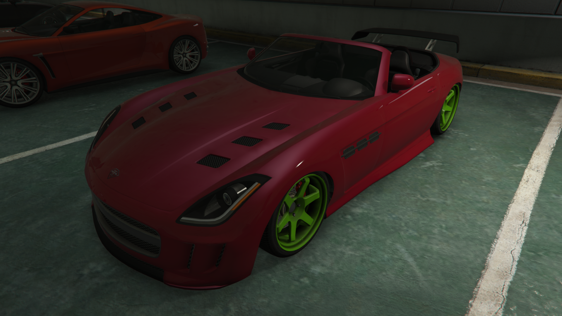 Red sports car with green wheels in a parking lot HD Wallpaper
