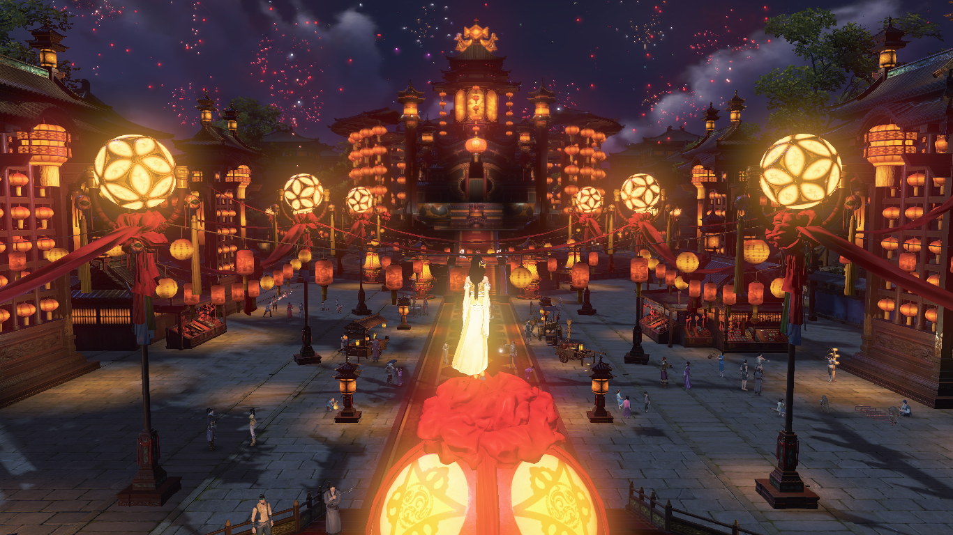 A woman in a white dress stands on a platform in a Chinese city at night. HD Wallpaper