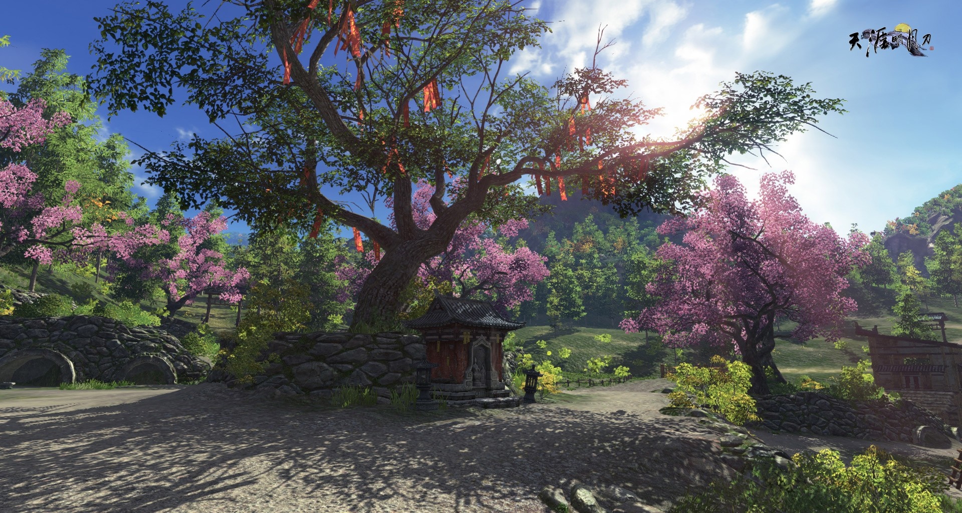 Chinese garden with blooming trees and a shrine HD Wallpaper