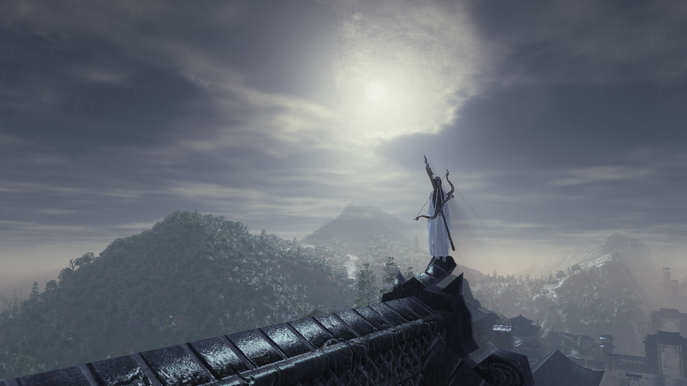 Archer statue on a rooftop overlooking mountains HD Wallpaper