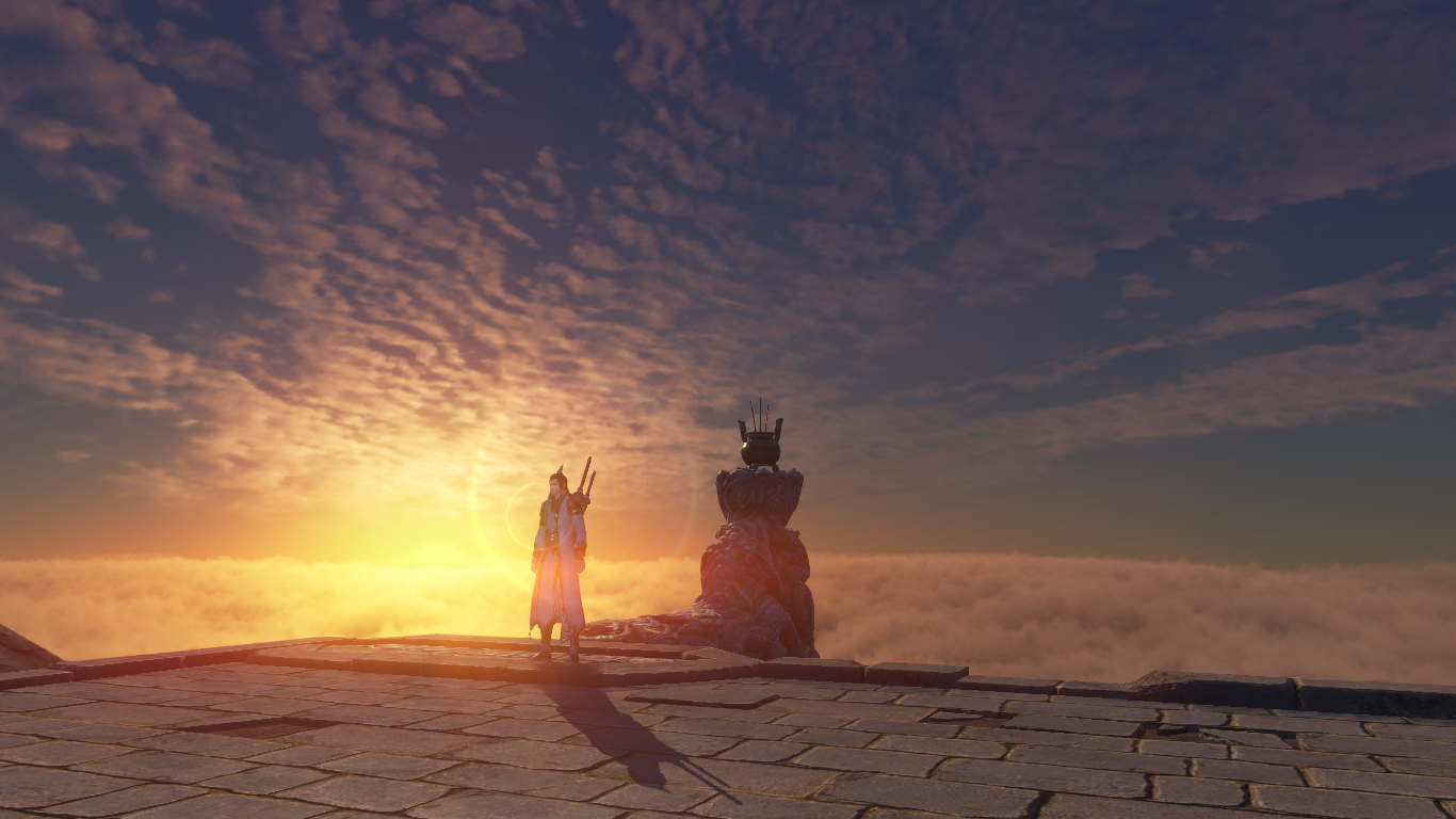 A lone figure stands on a rooftop at sunset above the clouds HD Wallpaper