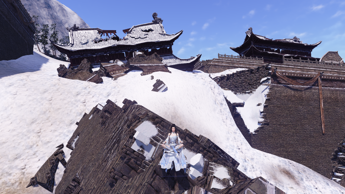 A person in white robes meditates on a snowy mountain ruin HD Wallpaper